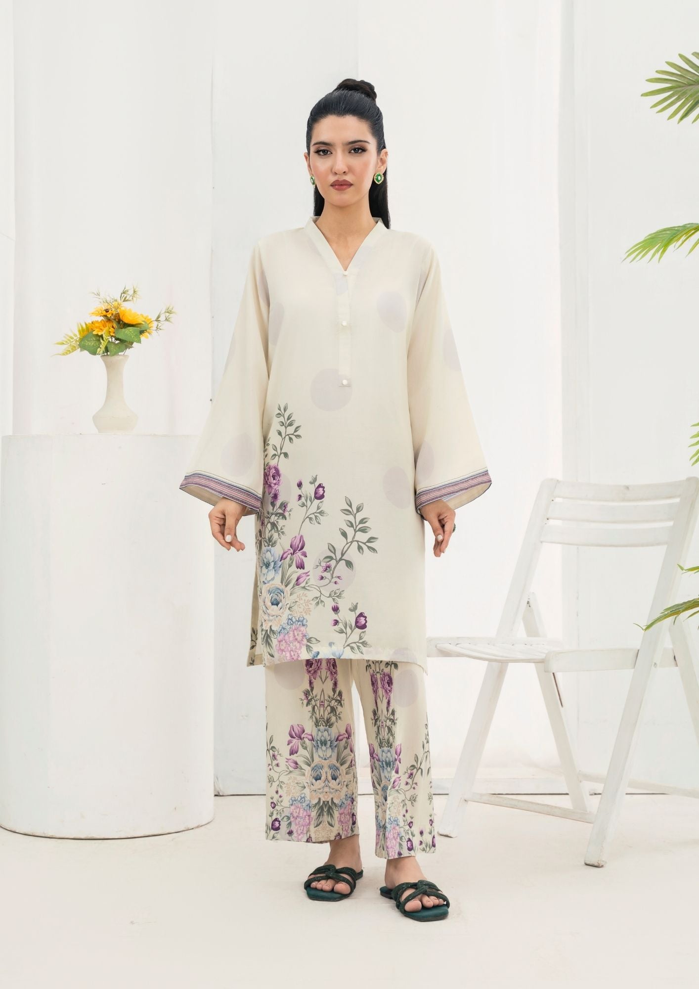 swiss cotton Kurta Set in Ghost white