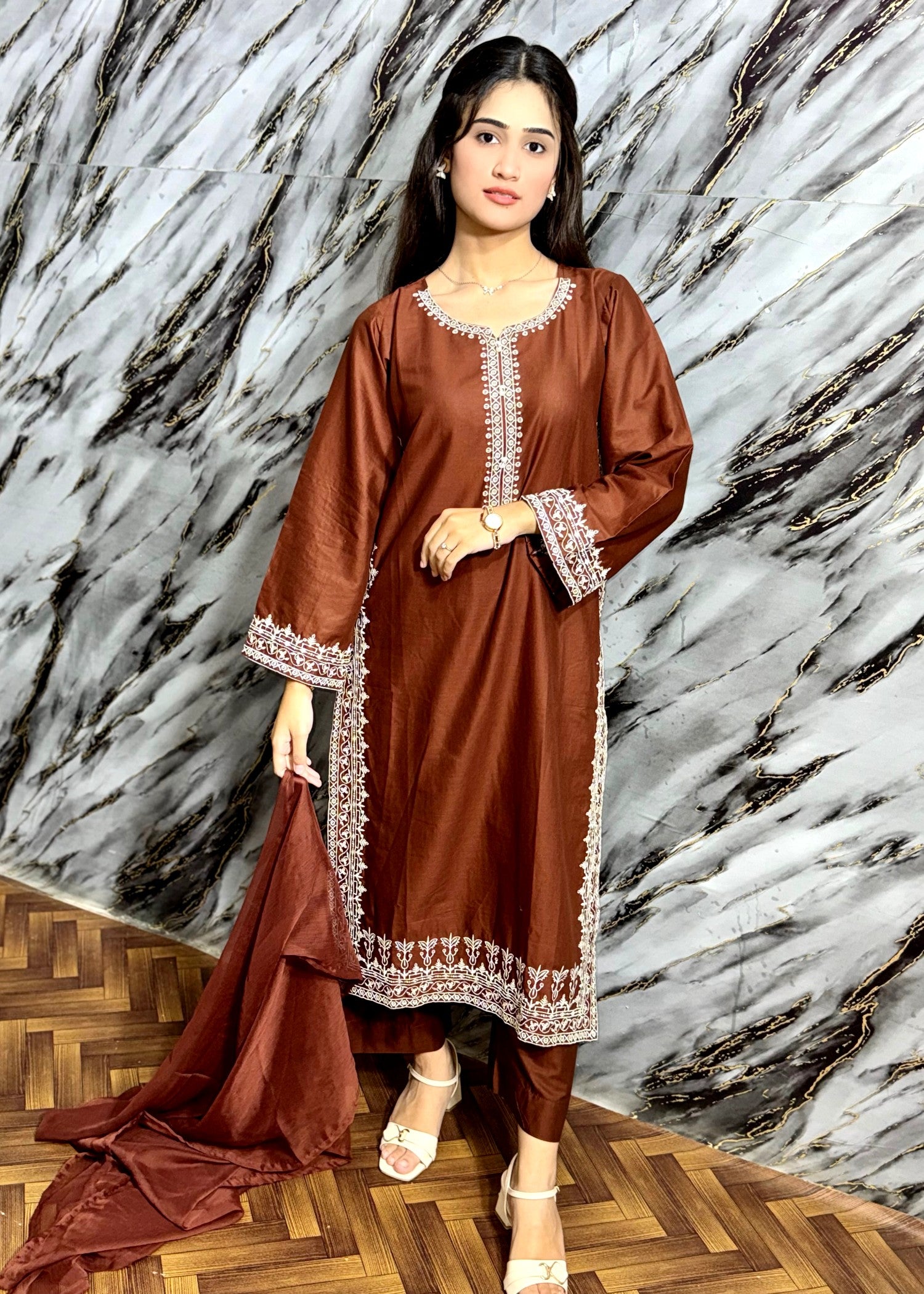 lawn Kurta Set in Bronze orange