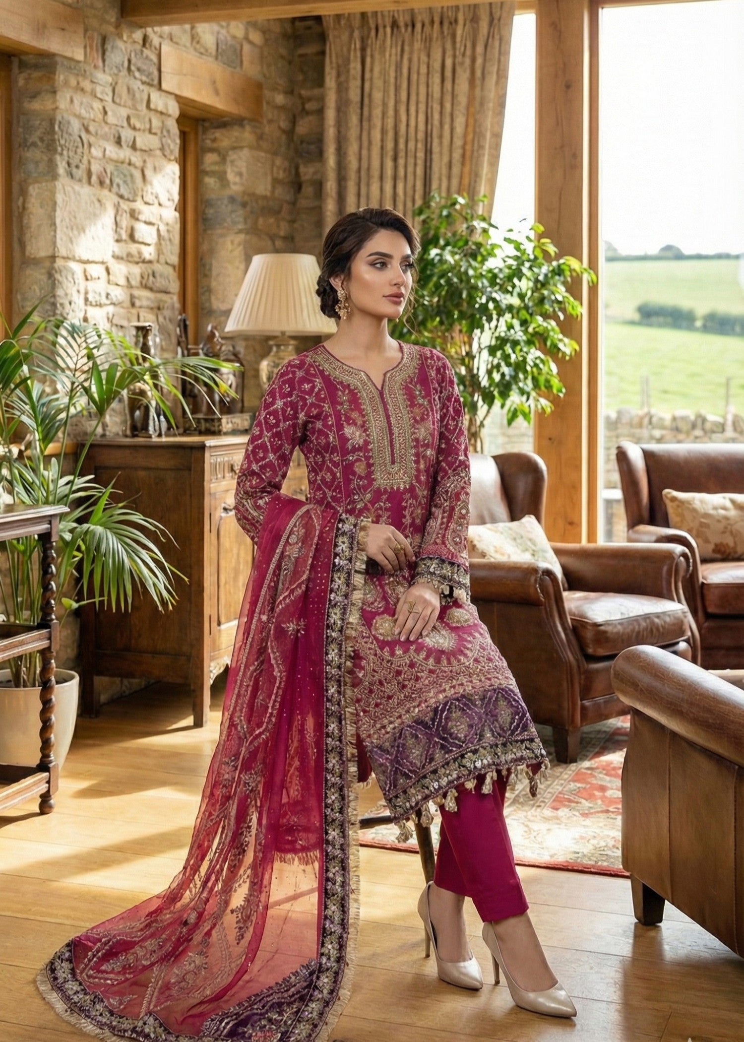 grip Kurta Set in Magenta