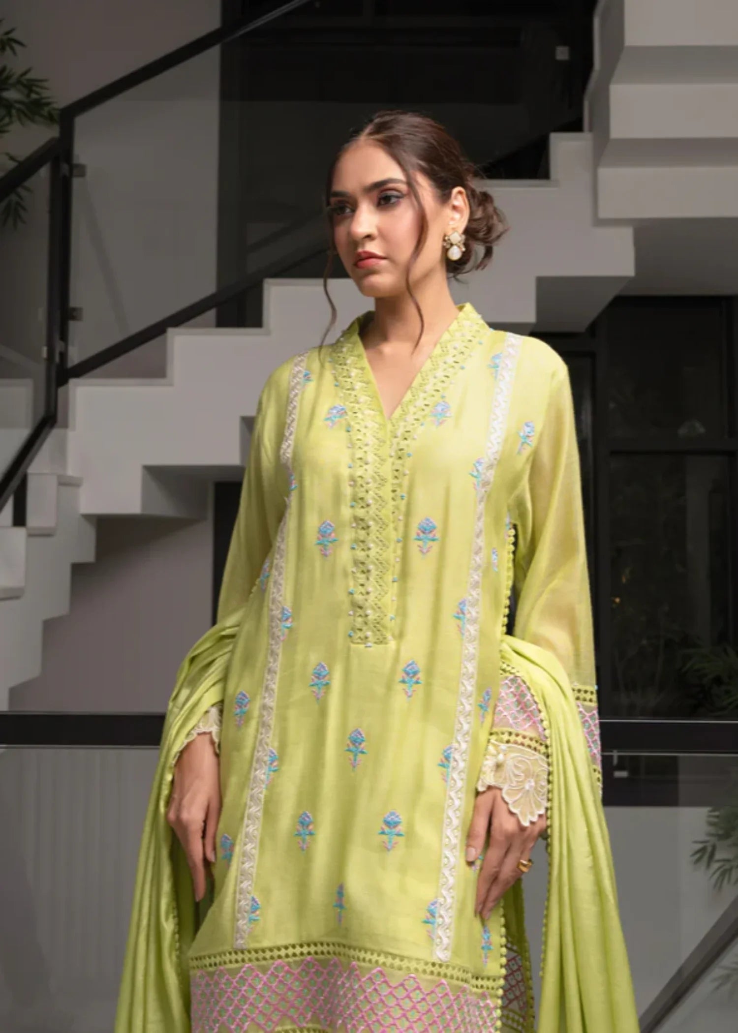 khaddi net Kurta Set in Lime green