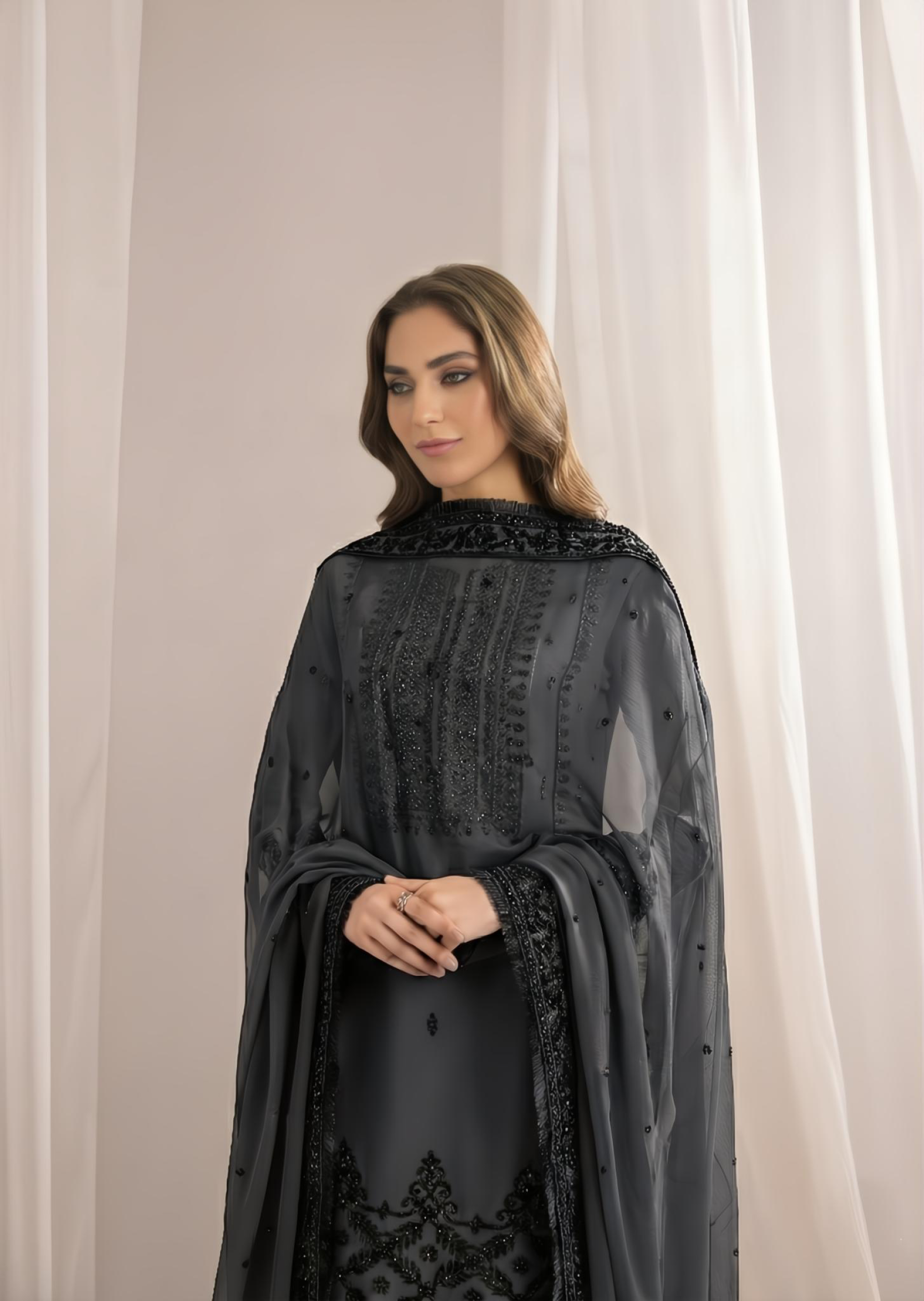 bemberg crinkle chiffon Kurta Set in Grey