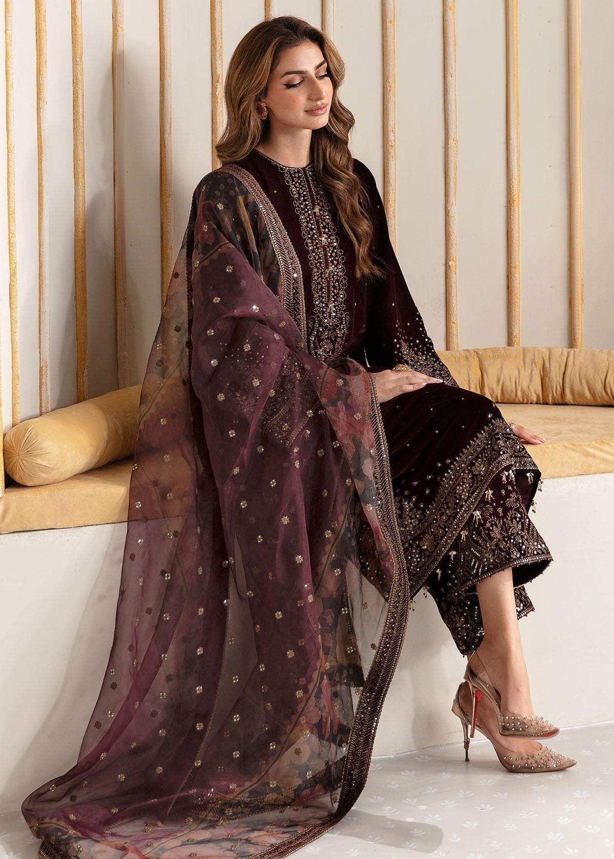 velvet Kurta Set in Plum