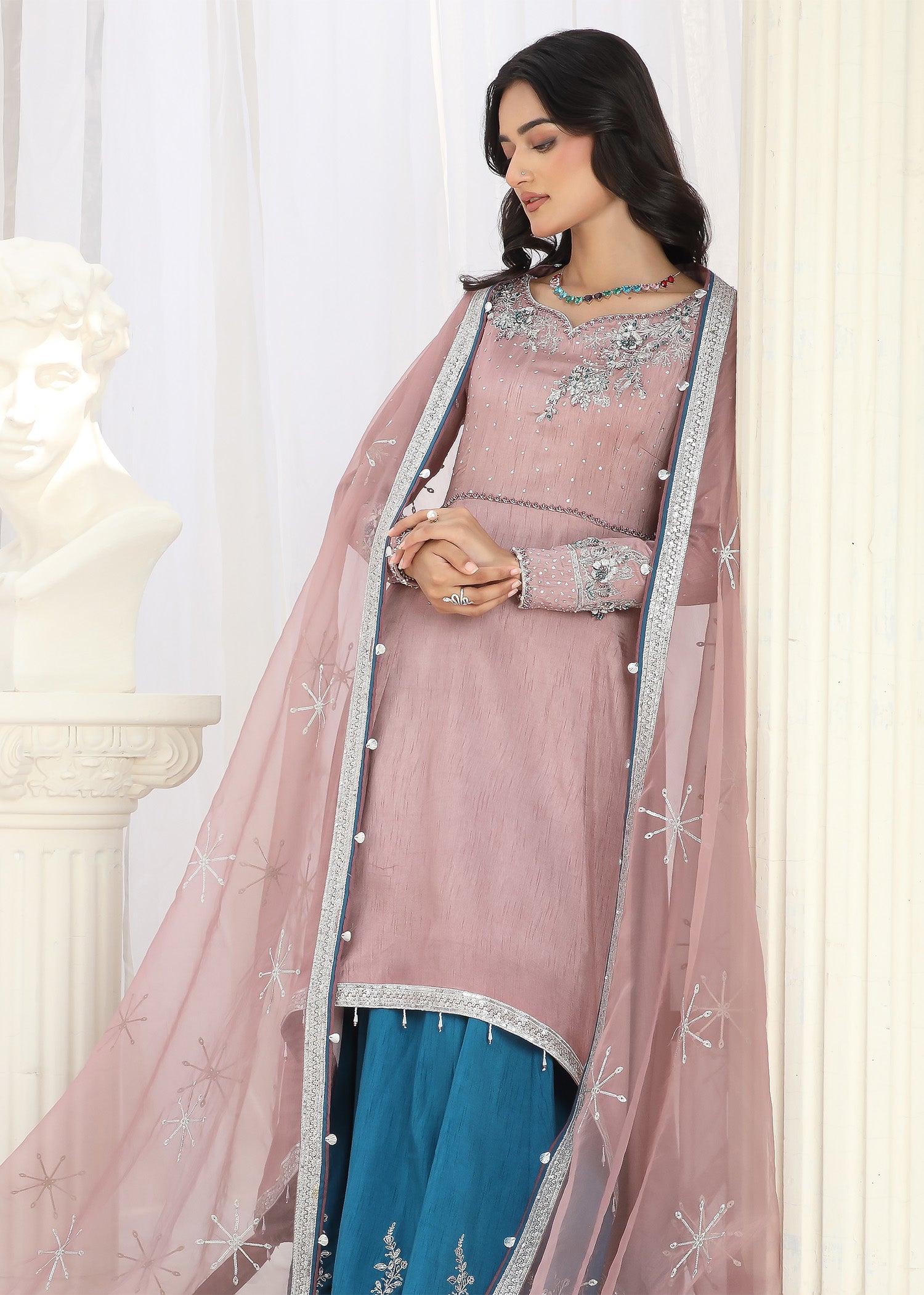 raw silk Pishwas in Mauve pink, blue