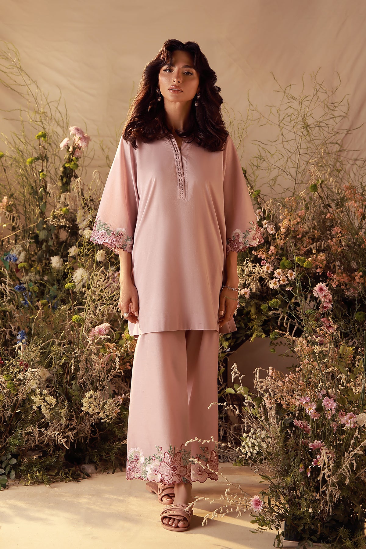 slub cambric Kurta Set in Tea rose pink