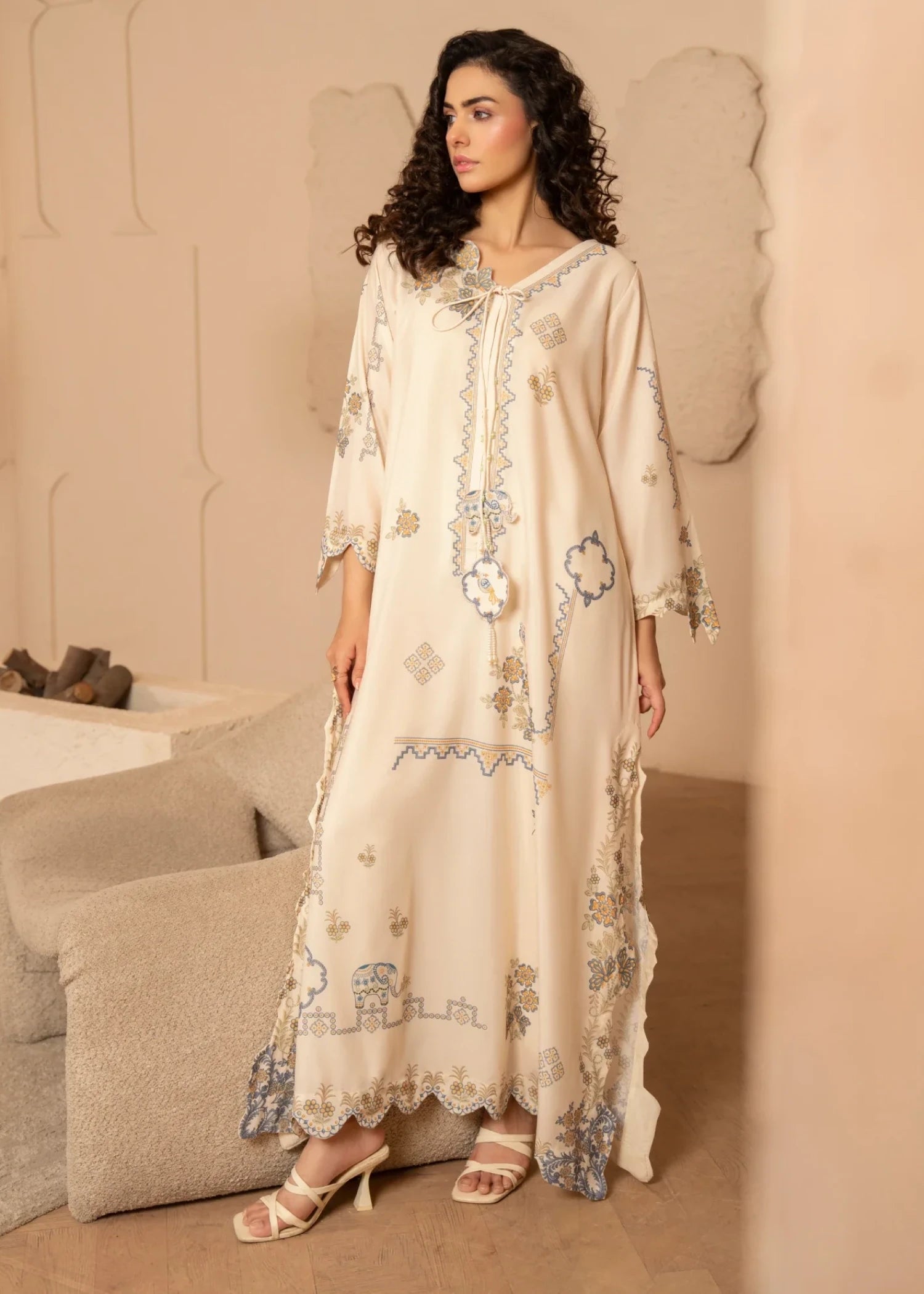 poly lawn Kaftan in Off-white
