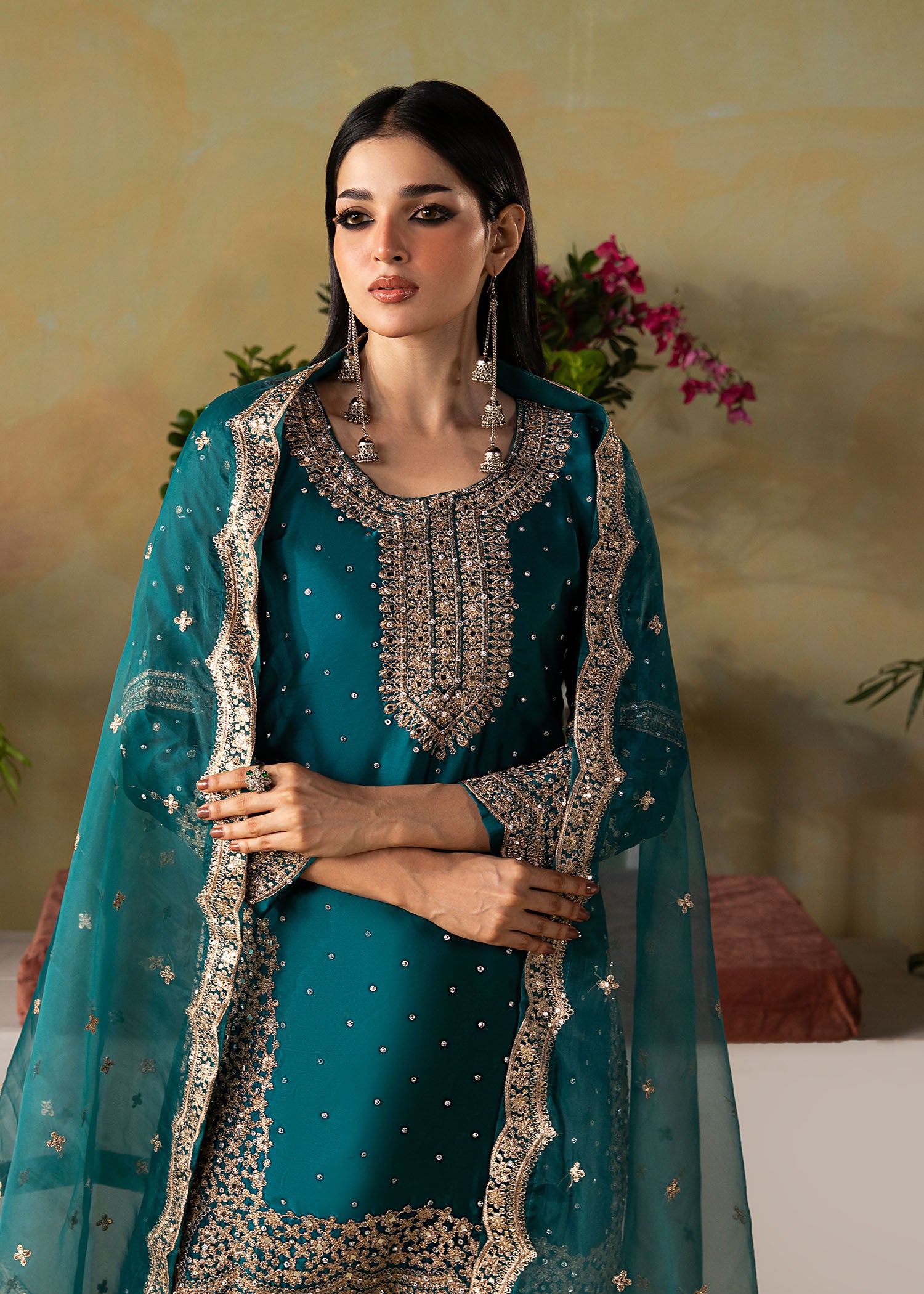 silk charmeuse Kurta Set in Teal