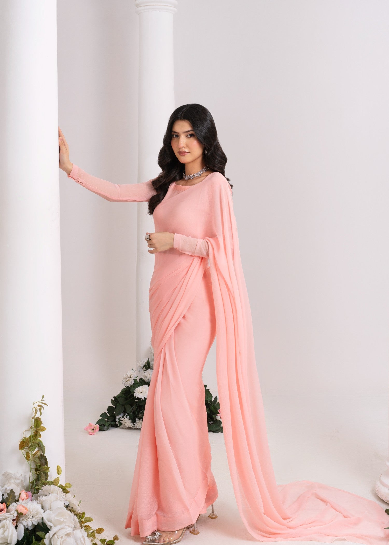 chiffon Saree in Peach pink