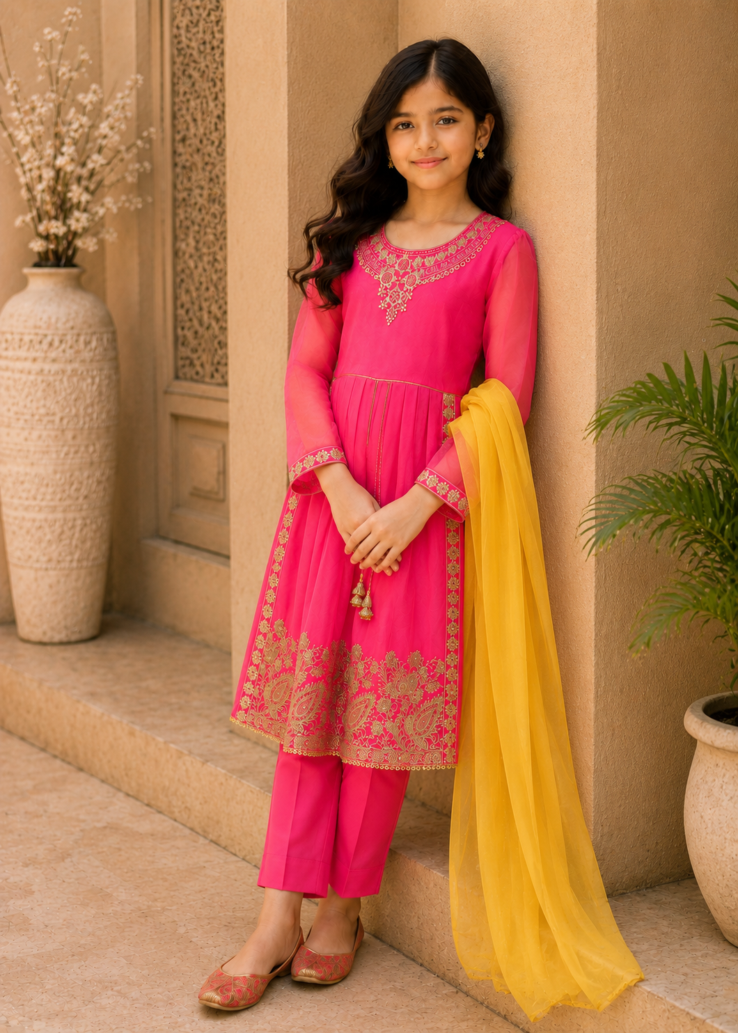 chiffon Short Frock in Shocking pink