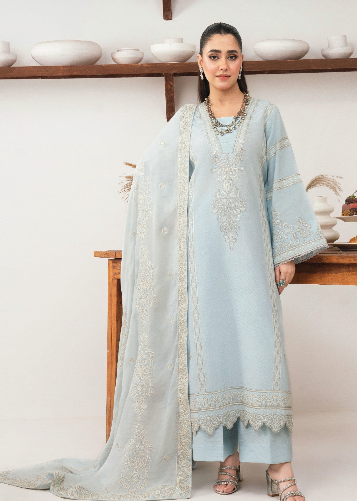 raw silk Kurta Set in Silver, ice blue