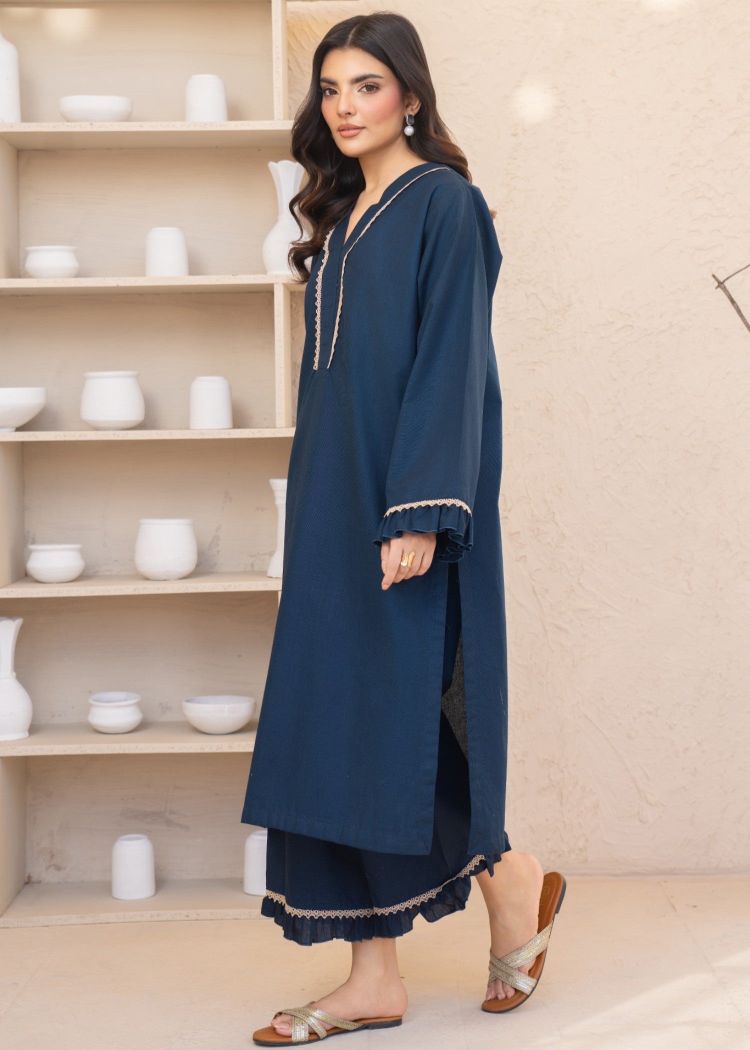 khaddar Kurta Set in Navy blue, dark blue