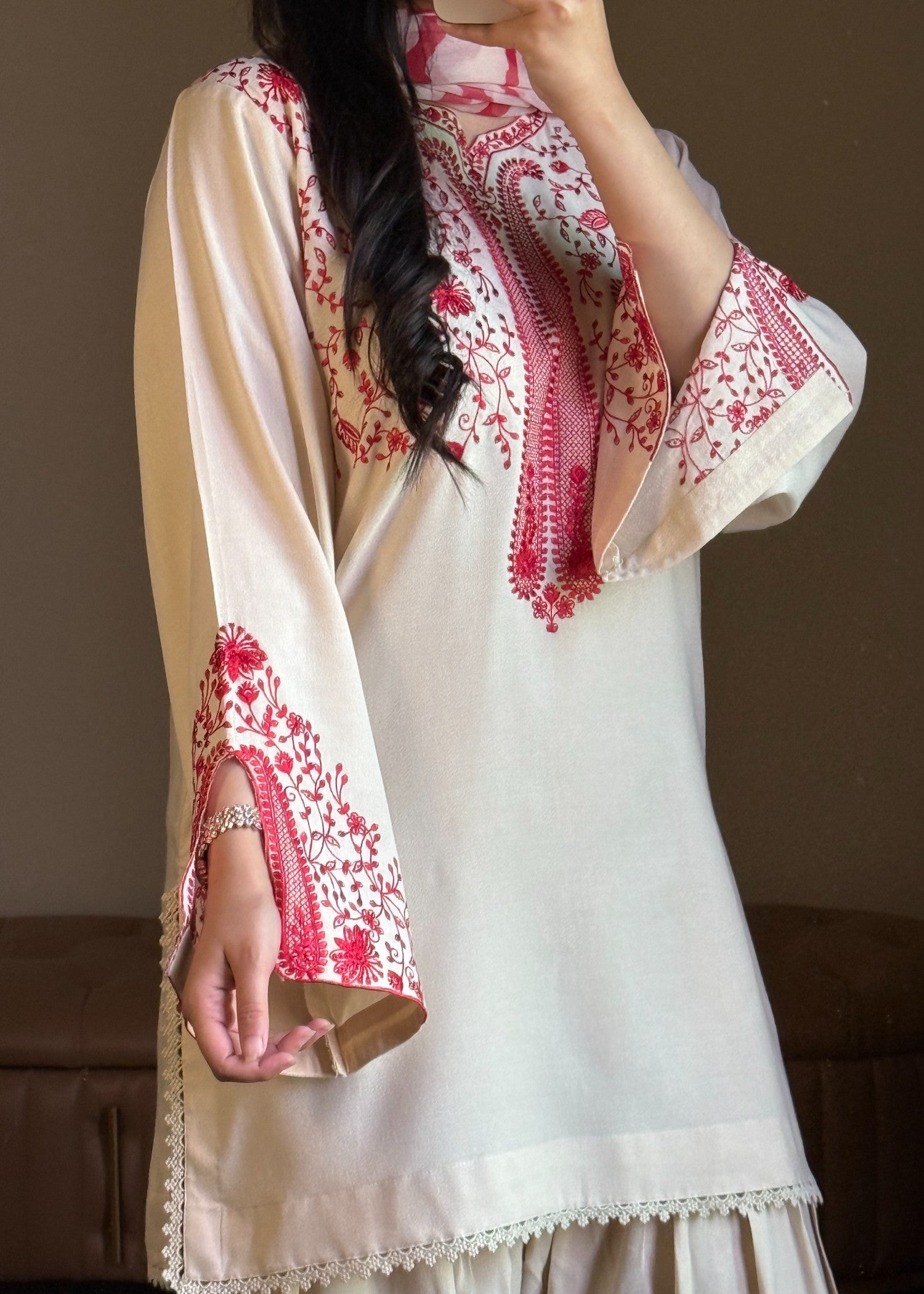 lawn cotton Kurta Set in Red, ivory