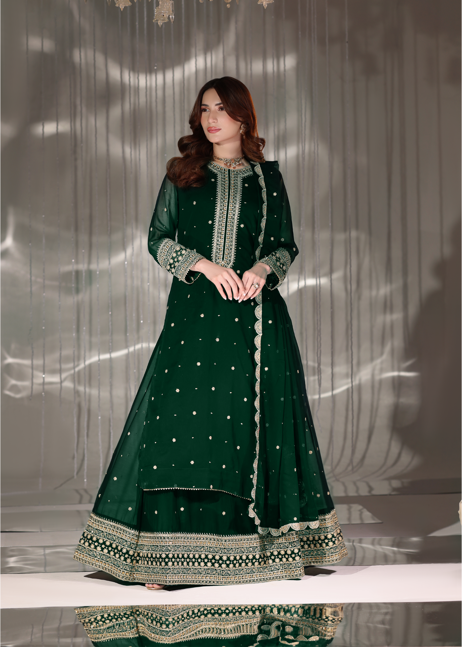 pk chiffon Lehenga in Dark green