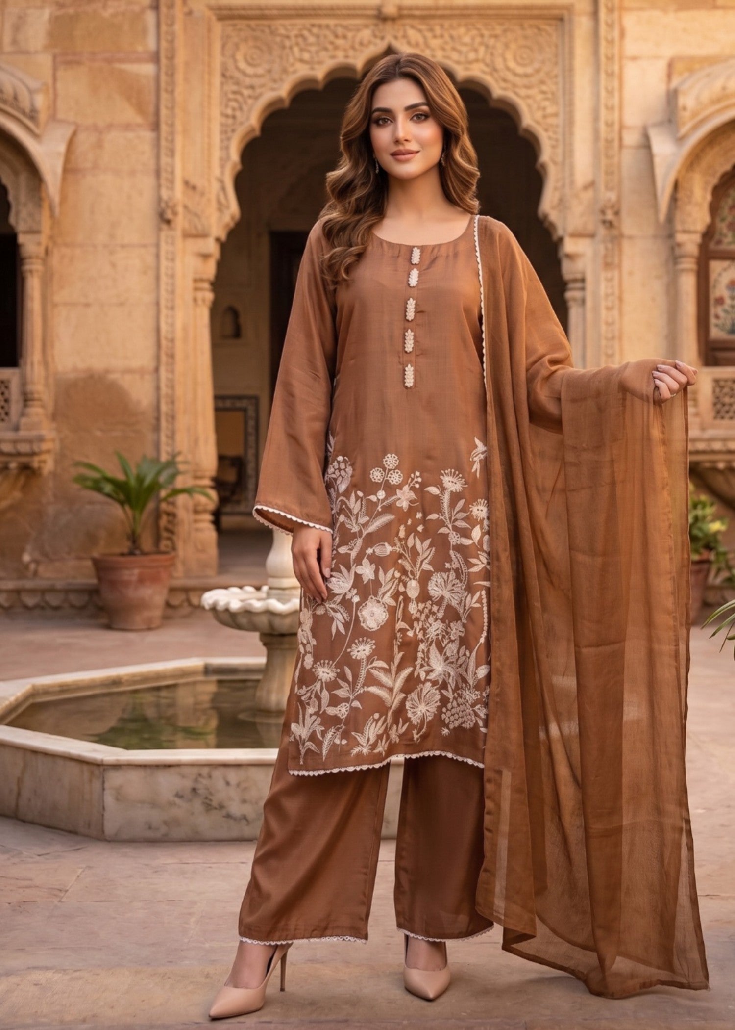 kattan silk Kurta Set in Hazelwood brown