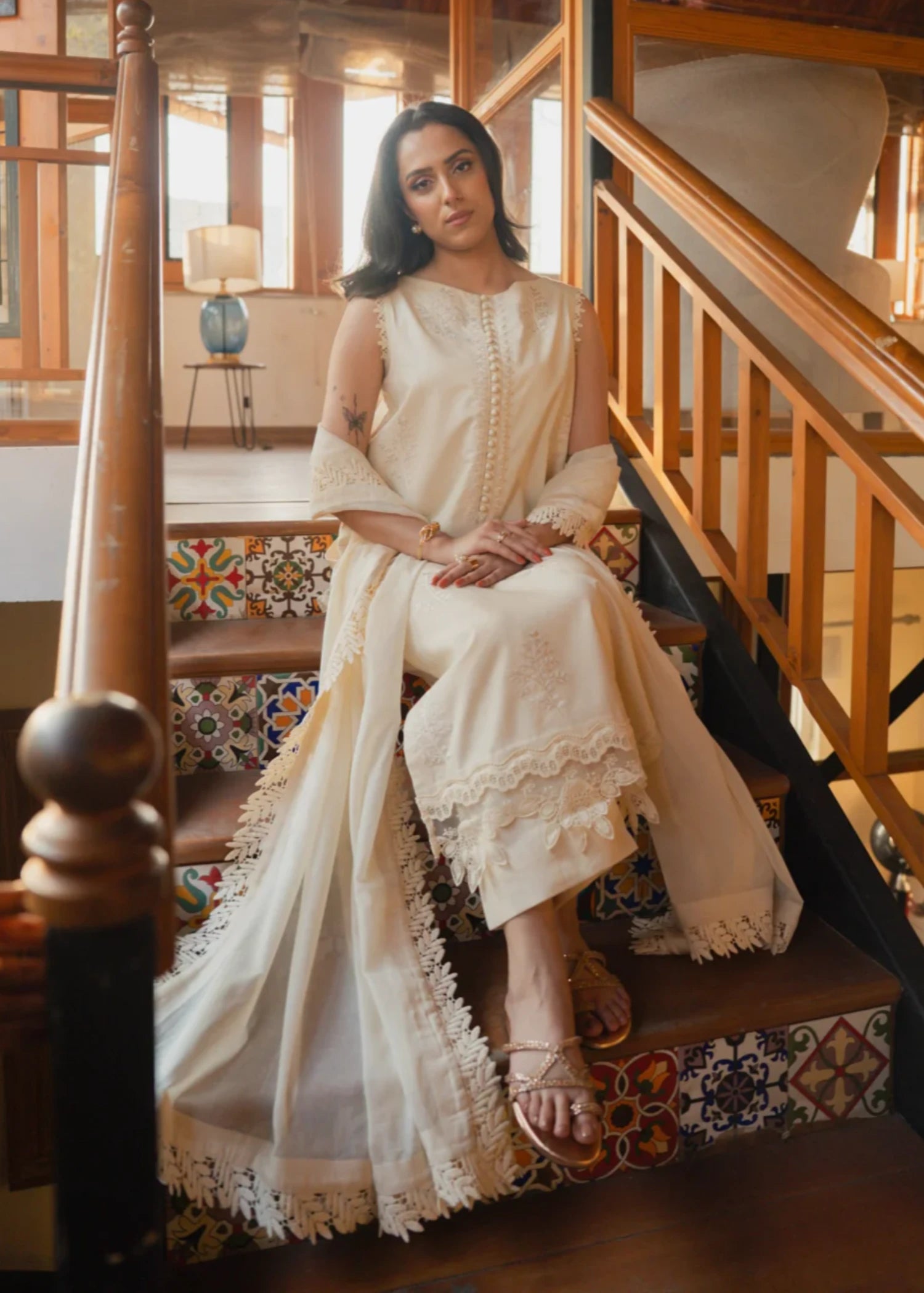 lawn cotton Kurta Set in Ivory