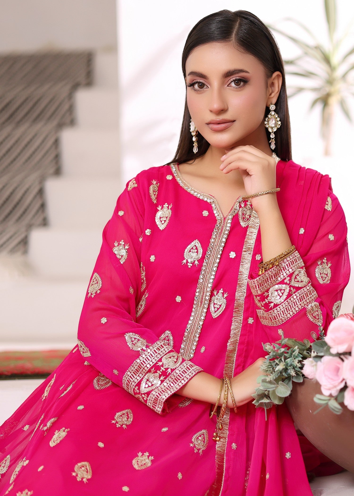 chiffon Pishwas in Vivid pink