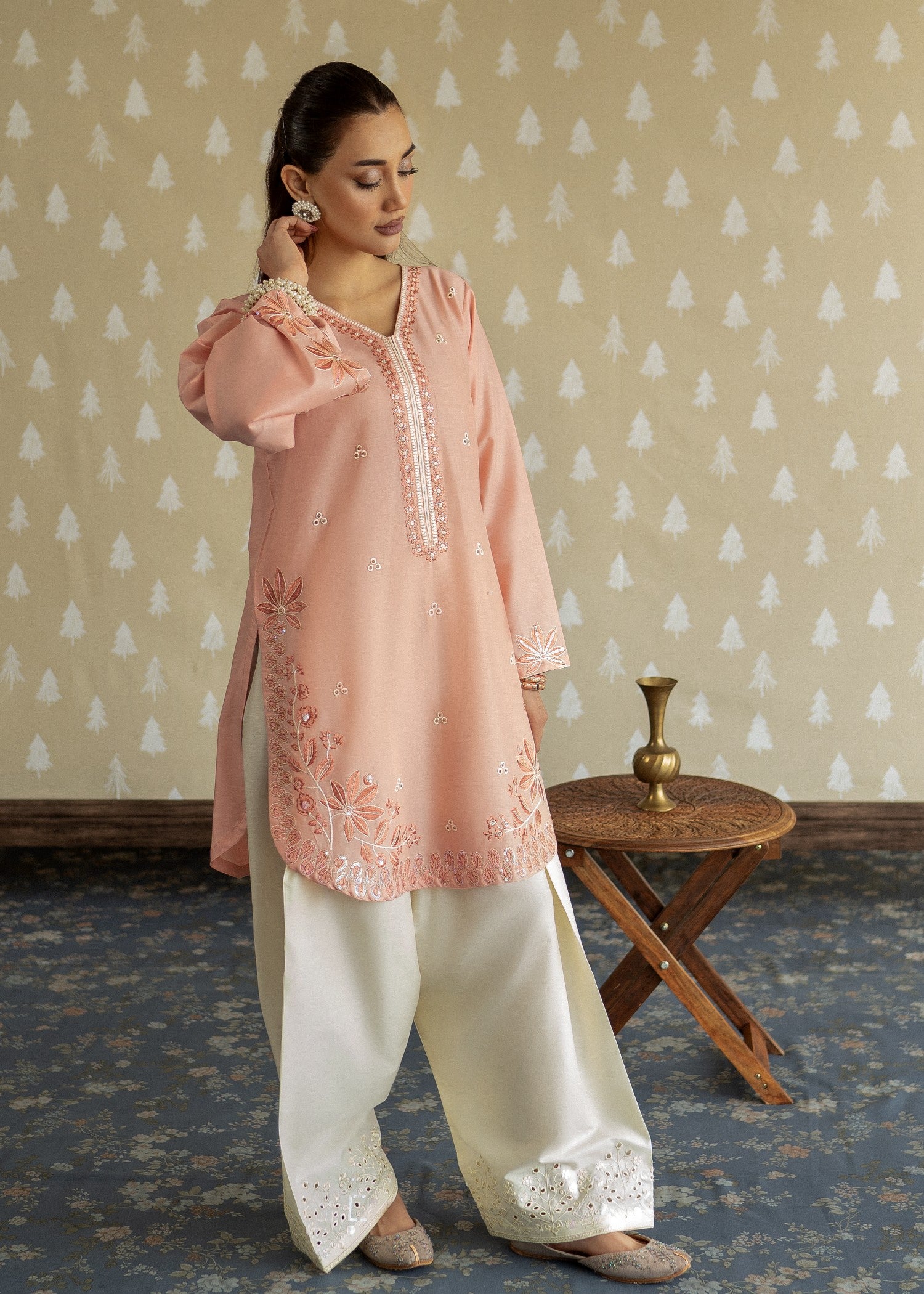 lawn Kurta Set in Off-white, peach pink