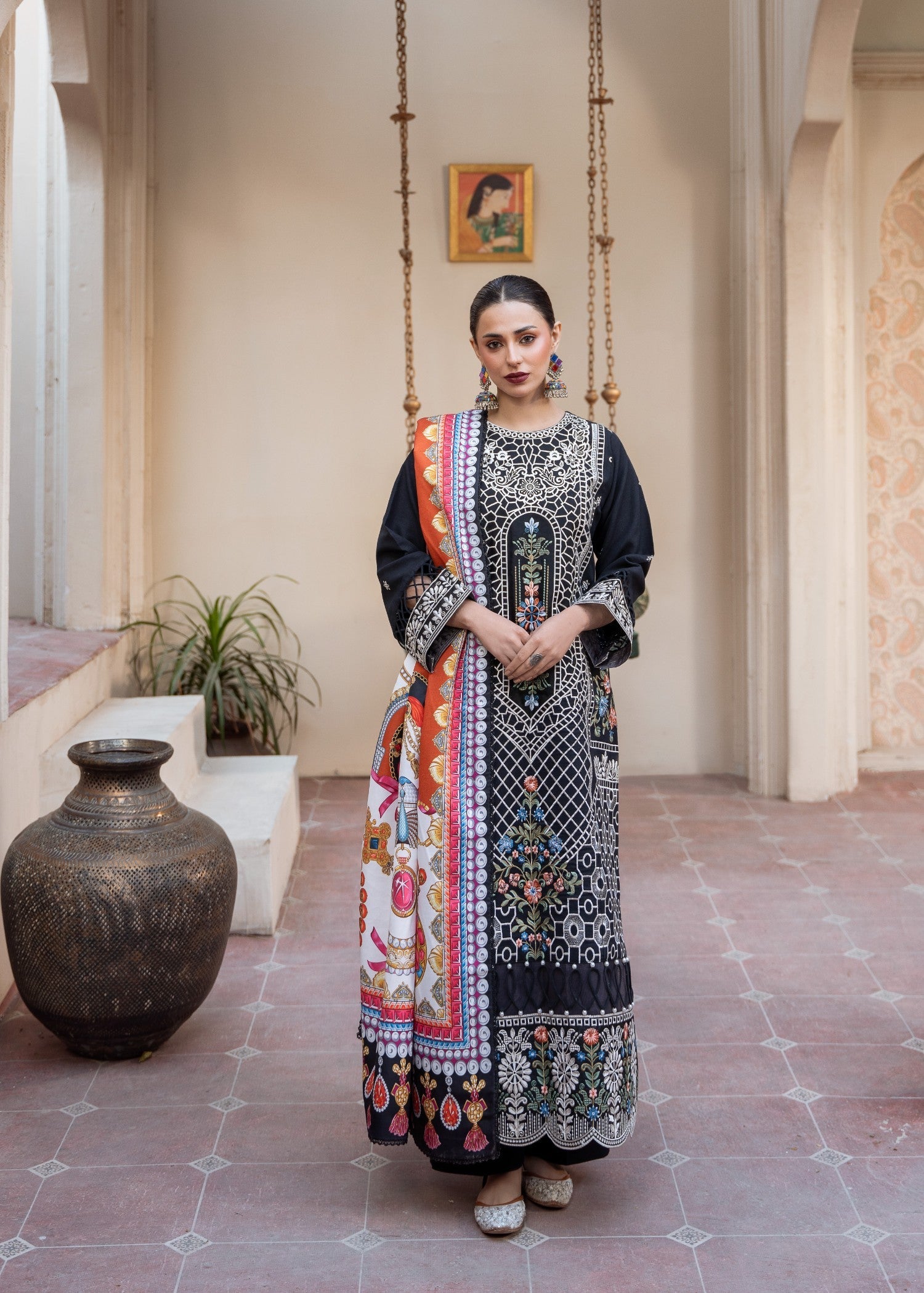 slub khaddar Kurta Set in Black