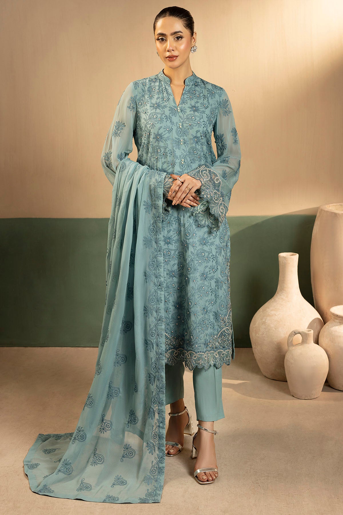 crinkle chiffon Unstitched in Light blue