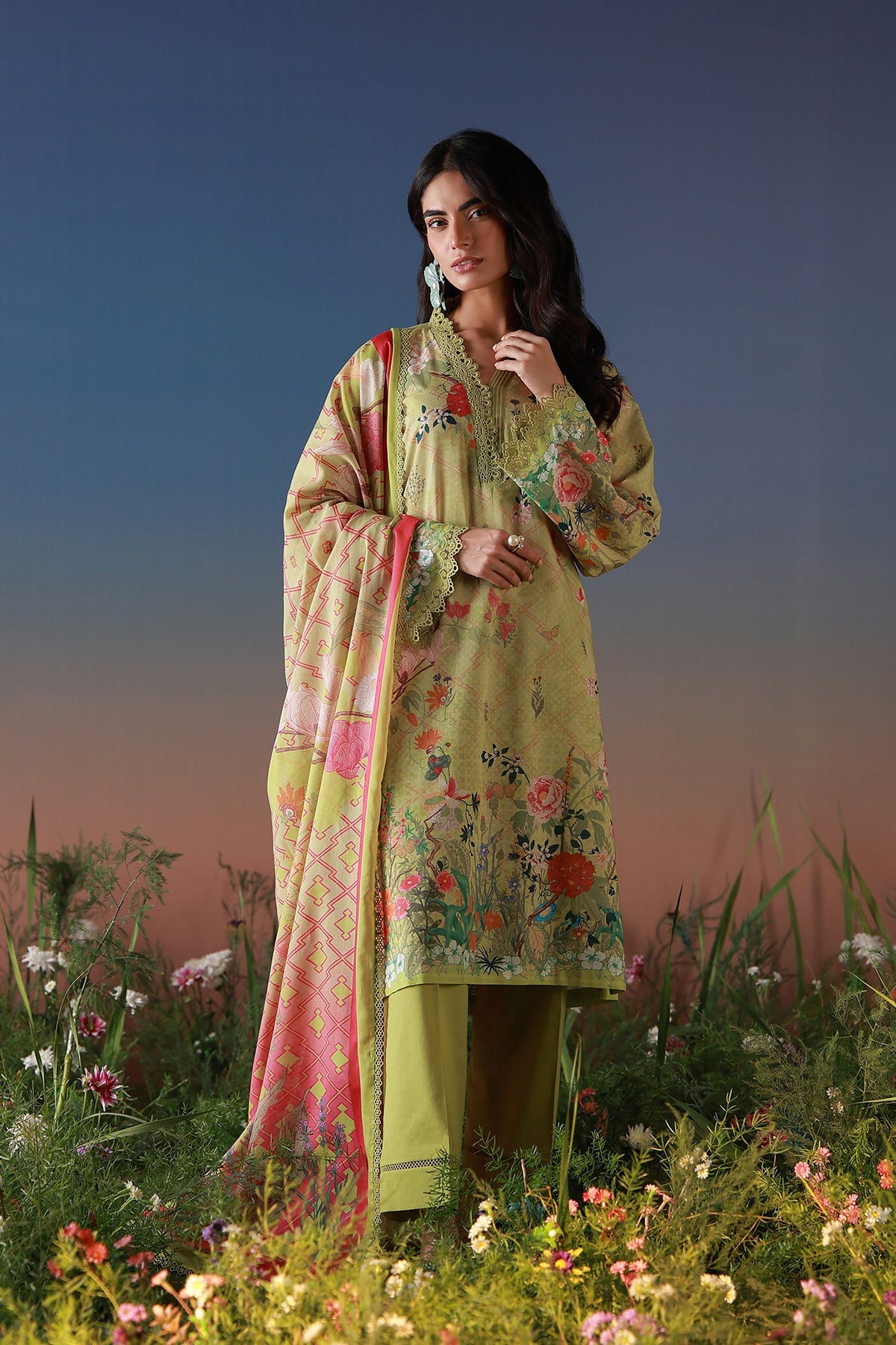 Mirha Lawn – Olive Petal