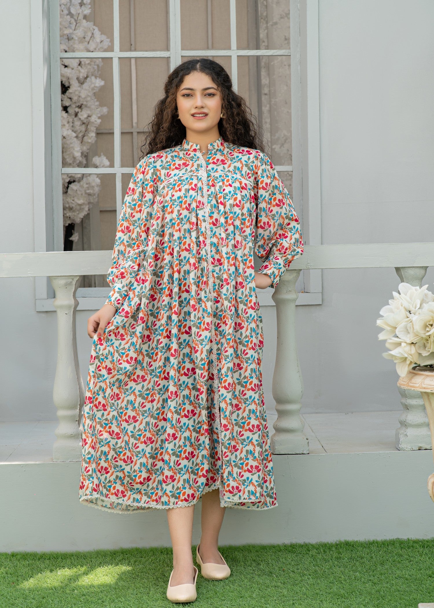 arabic lawn Frock in Beige