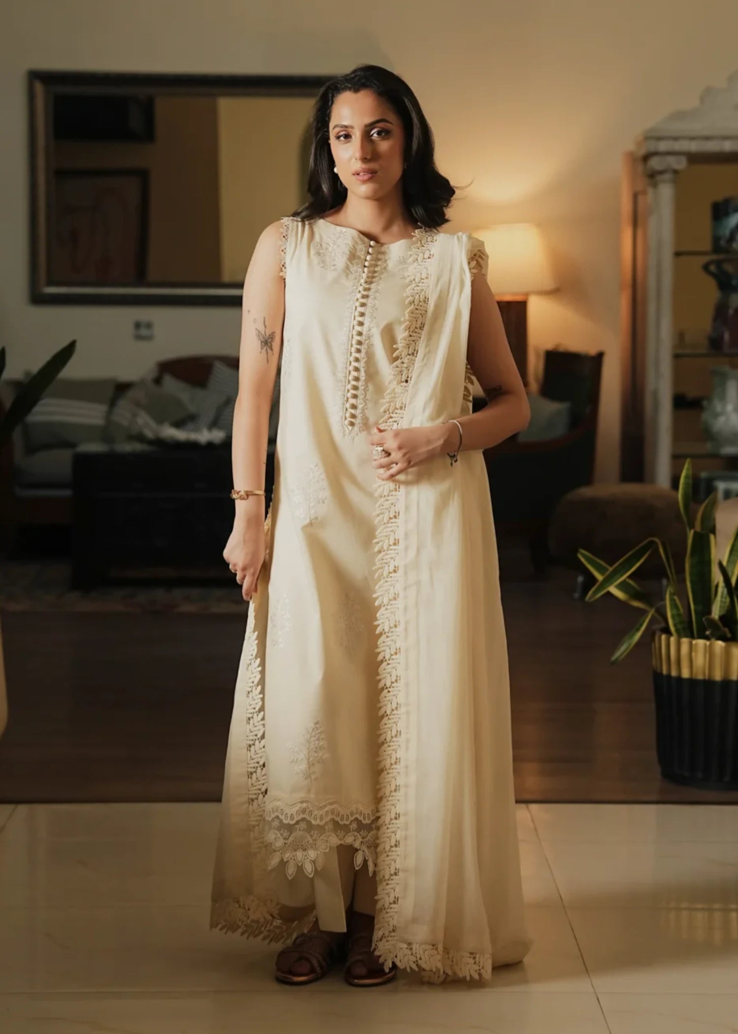 lawn cotton Kurta Set in Ivory