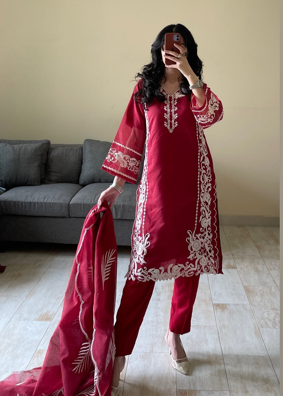 cotton karandi Kurta Set in Maroon