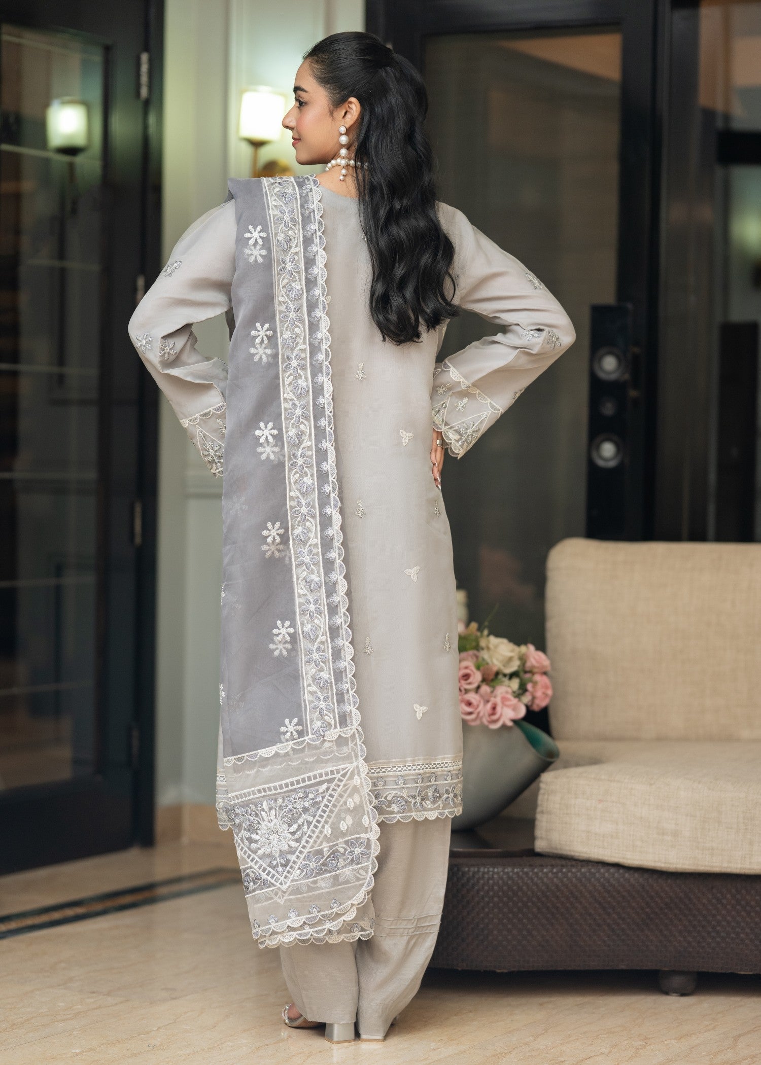 organza Kurta Set in Grey