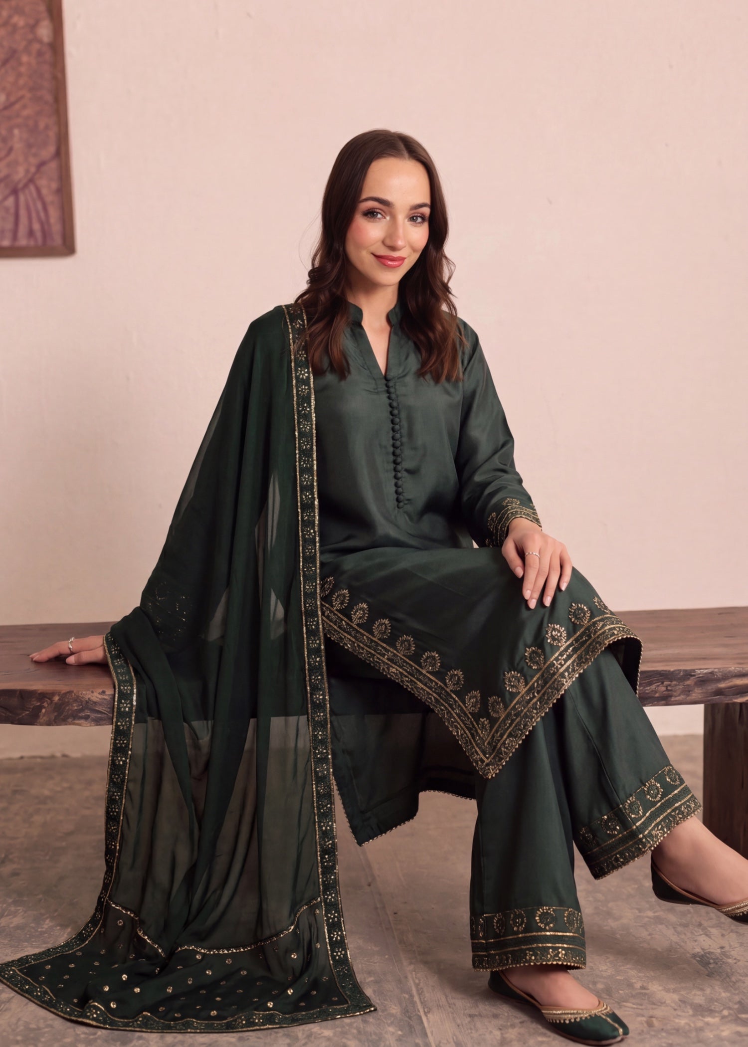 kattan silk Kurta Set in Dark green