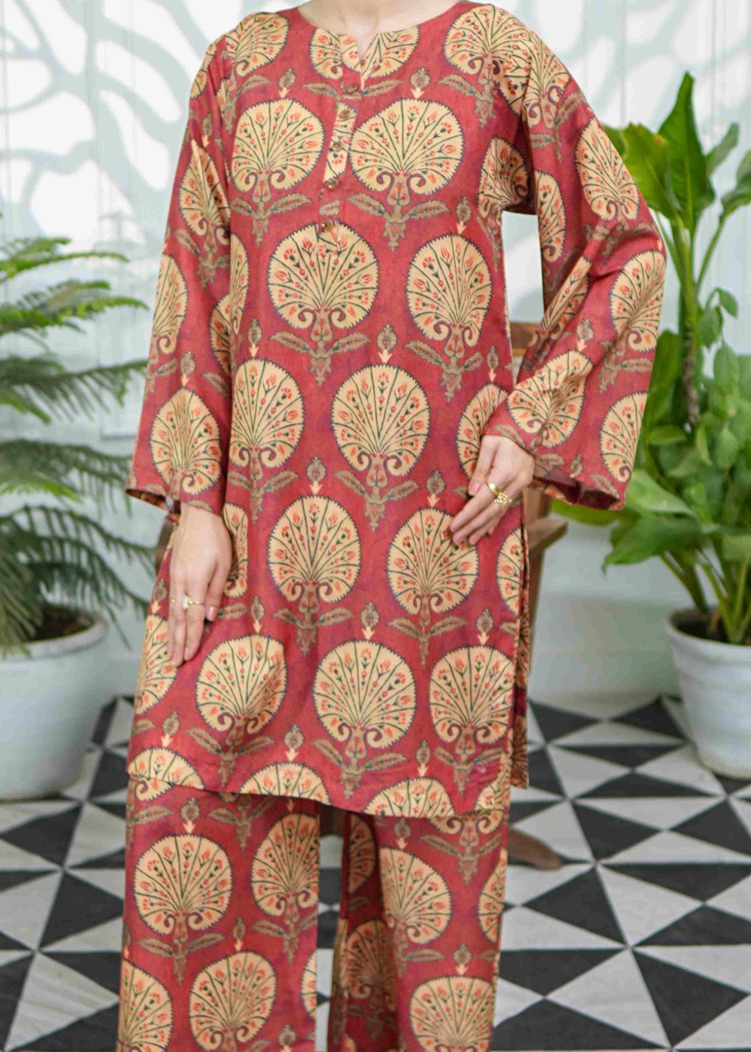 swiss lawn Kurta Set in Rust orange