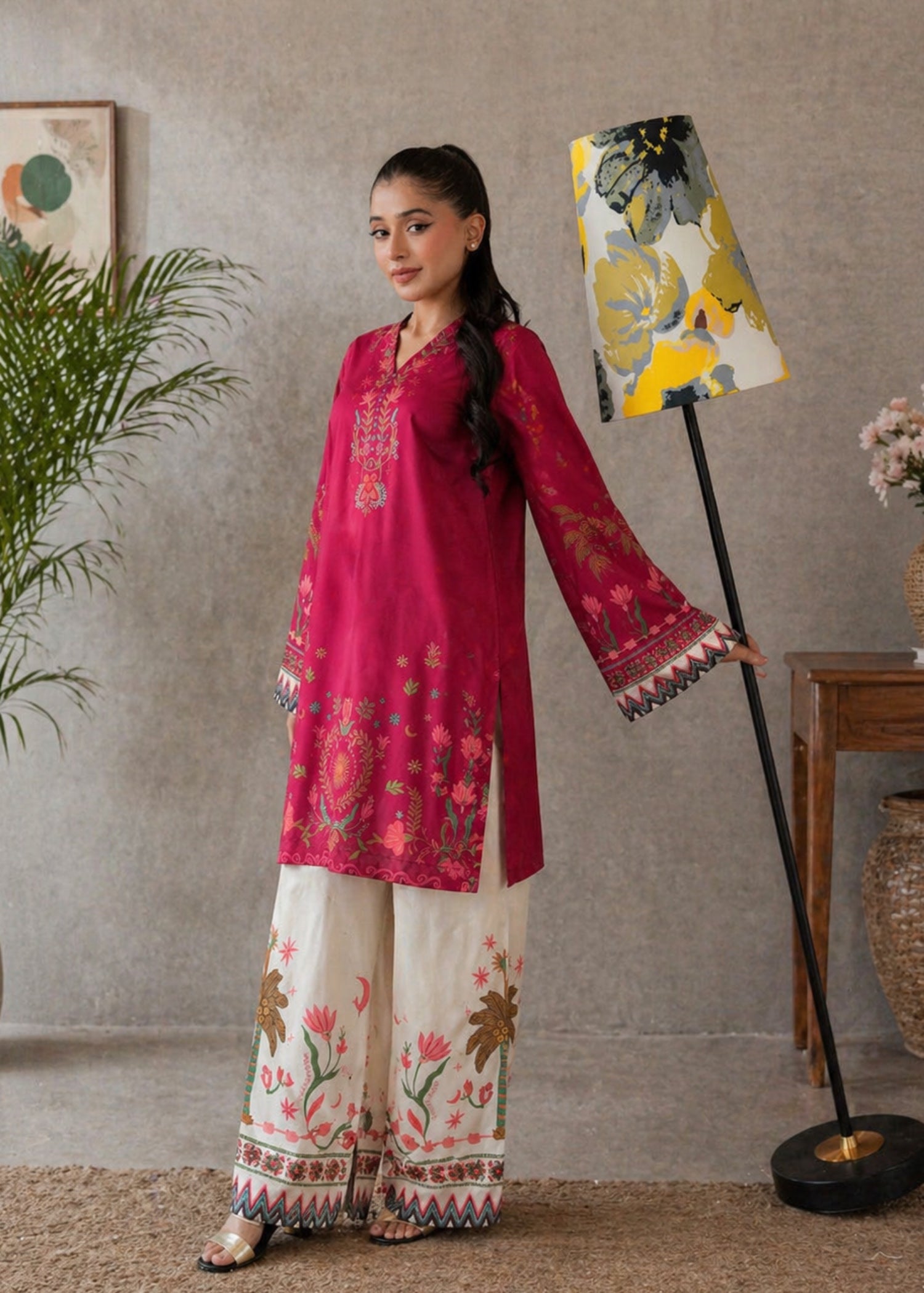 poly lawn Kurta Set in Maroon