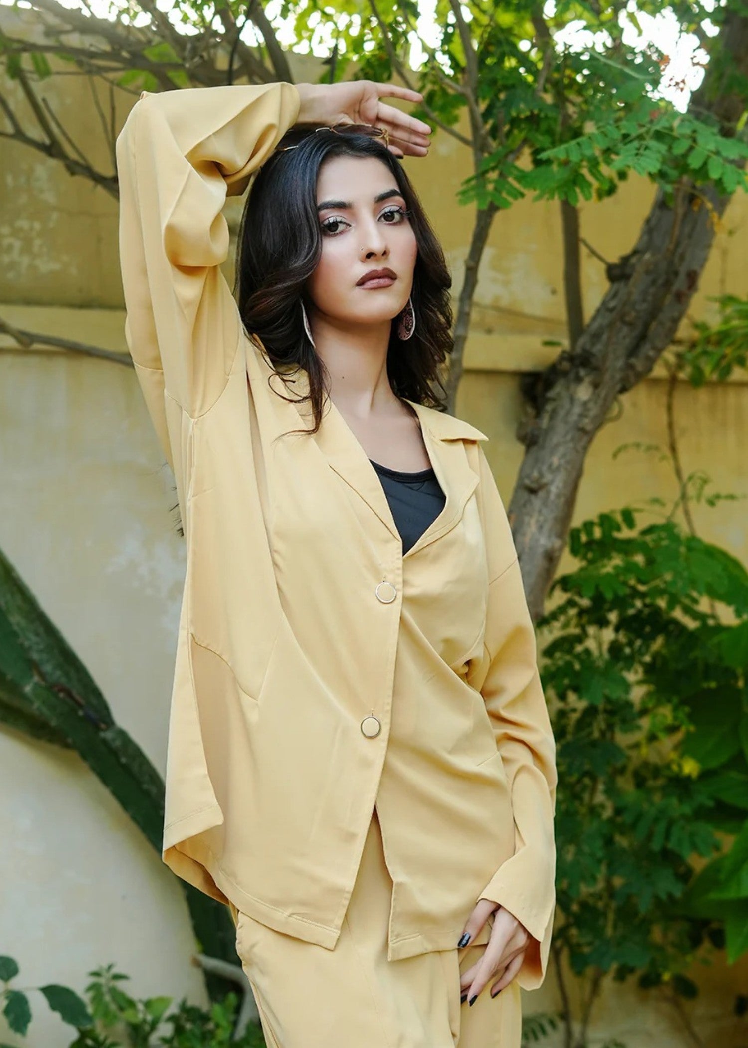 blended satin polyester Co Ord Sets in Yellow
