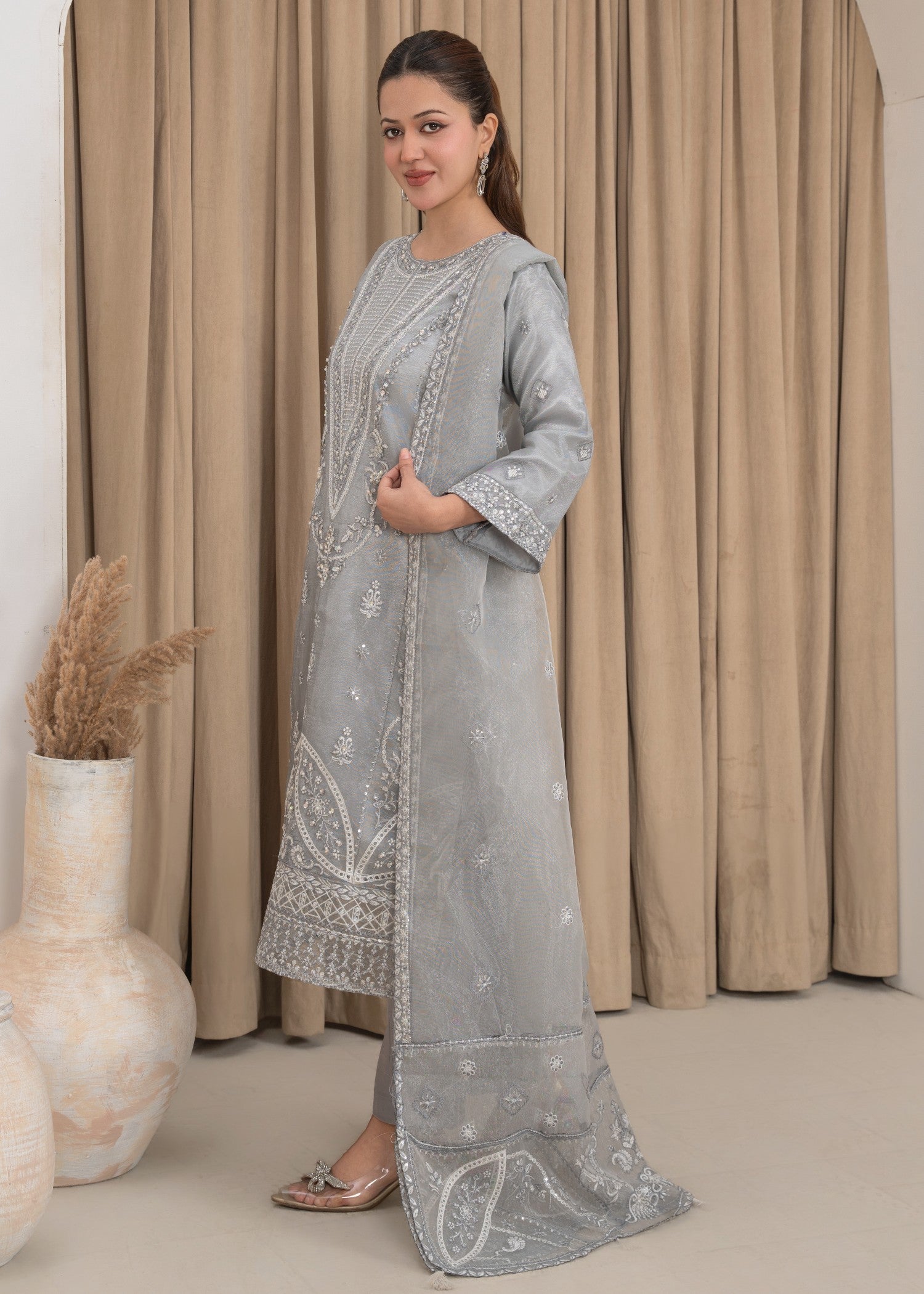 organza Kurta Set in Pastel grey