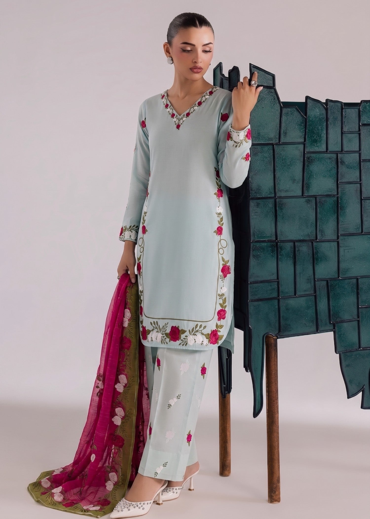 poly grip silk Kurta Set in Ice blue