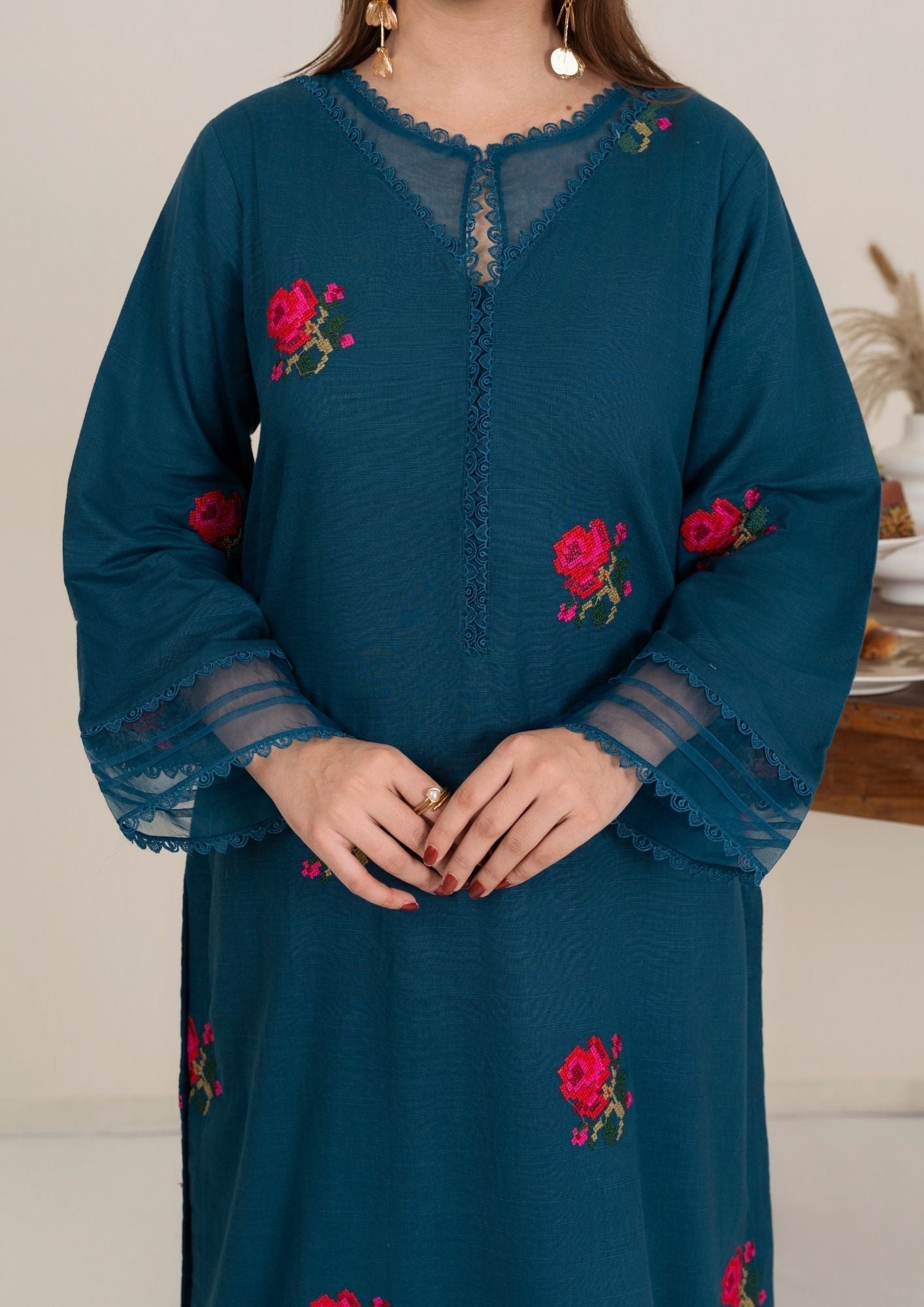 khaddar Kurta Set in Teal