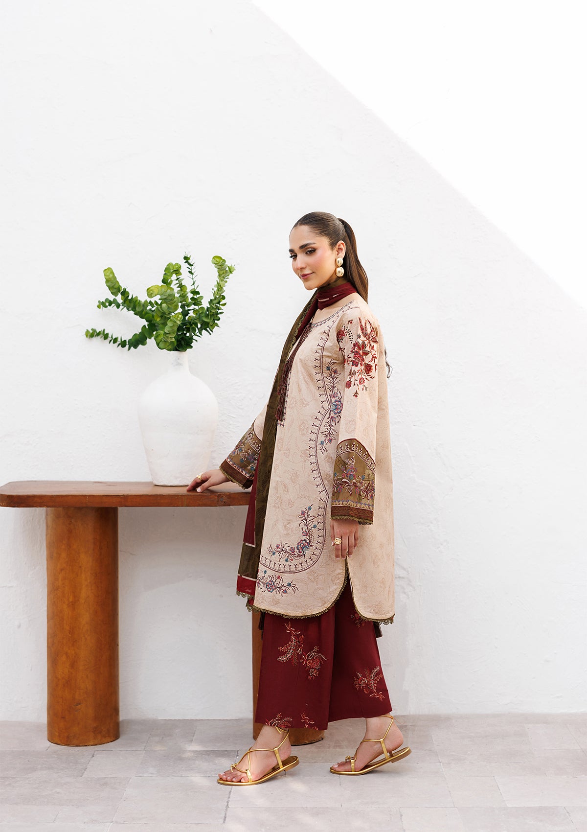 lawn Kurta Set in Almond brown