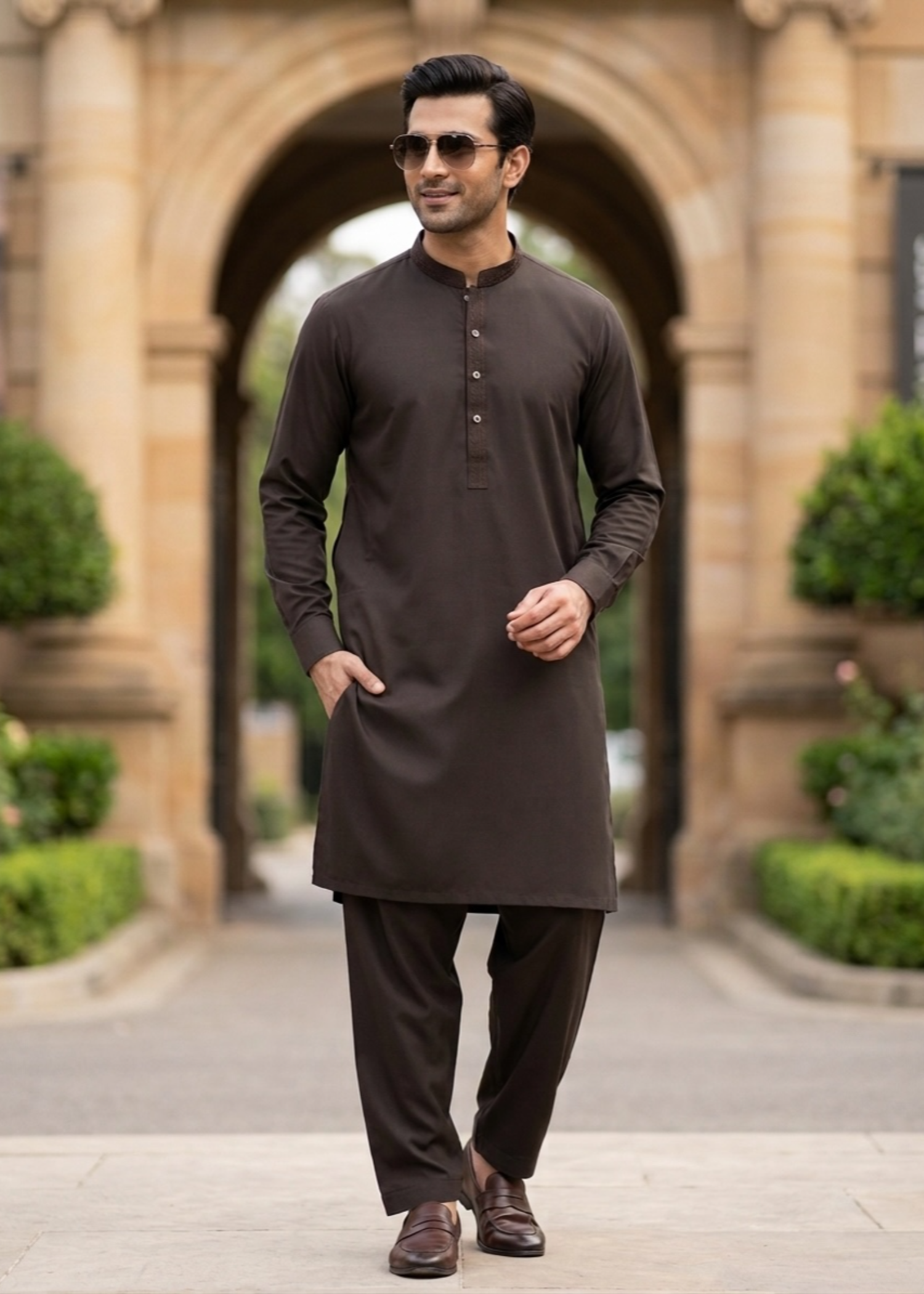 wash & wear Shalwar Kameez in Walnut brown
