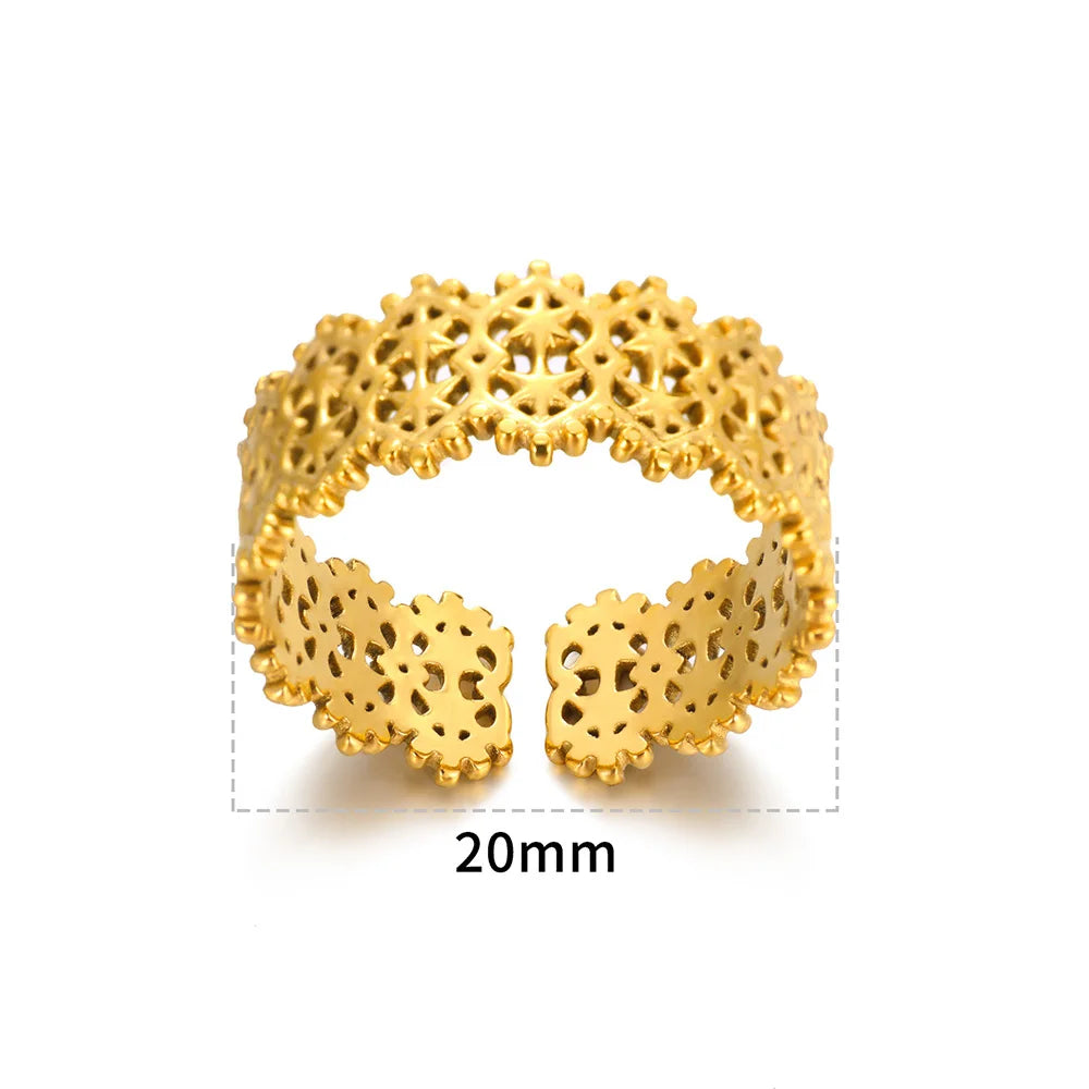 Hollow Flower Rings for Women - Gold Color Stainless Steel Floral Aesthetic Vintage Band