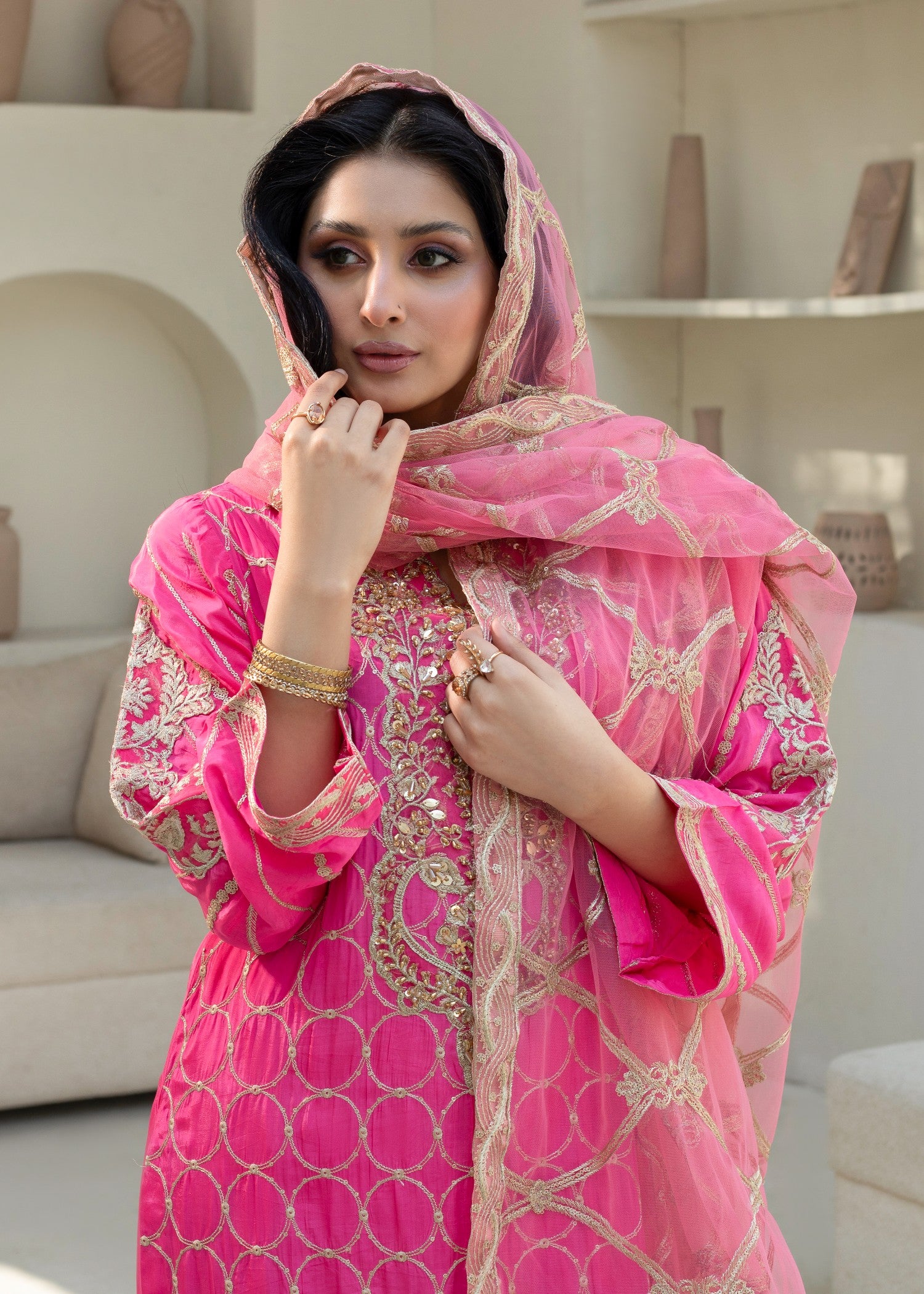 pure silk Kurta Set in Hot pink