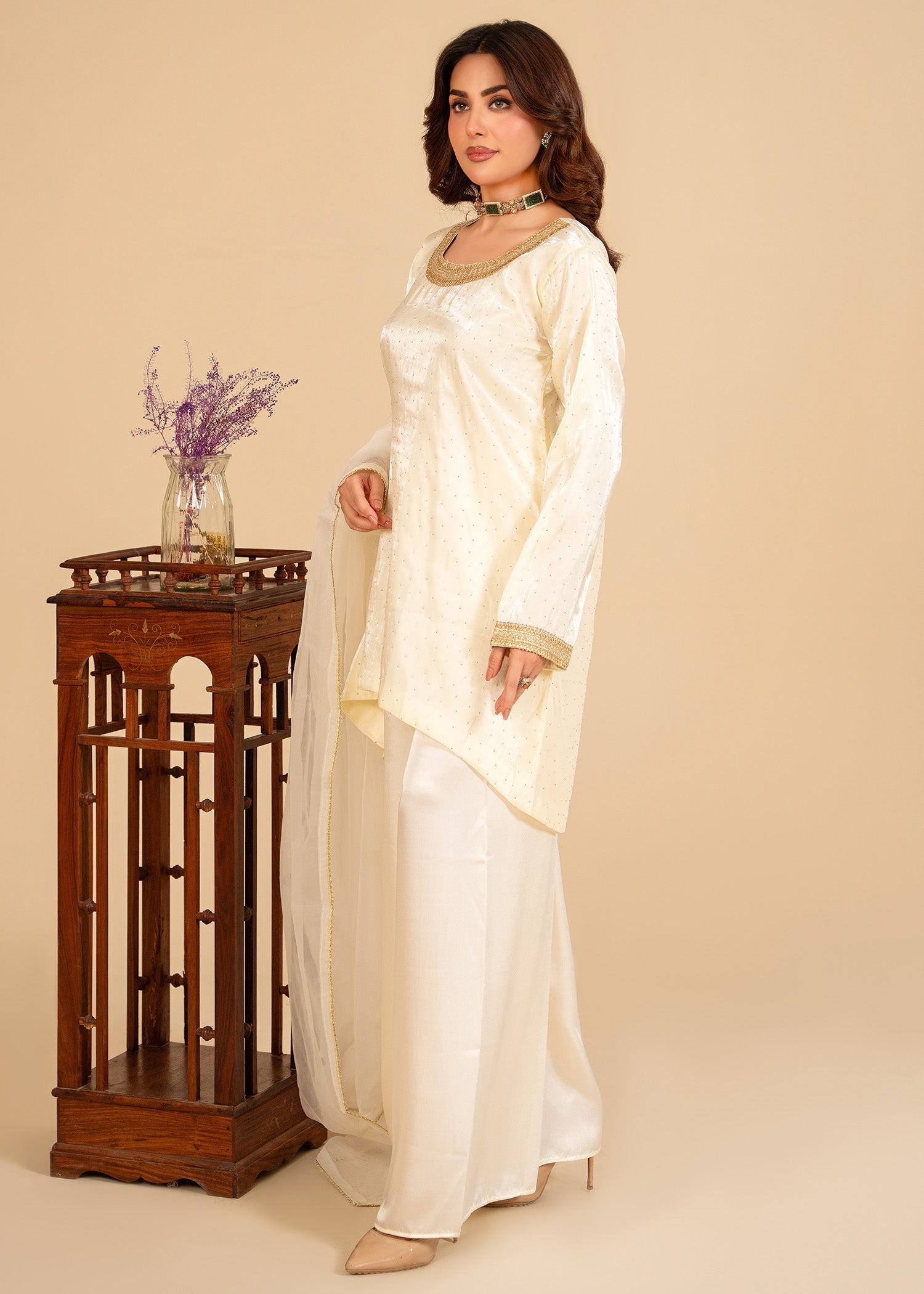 zari organza Short Frock in Off-white