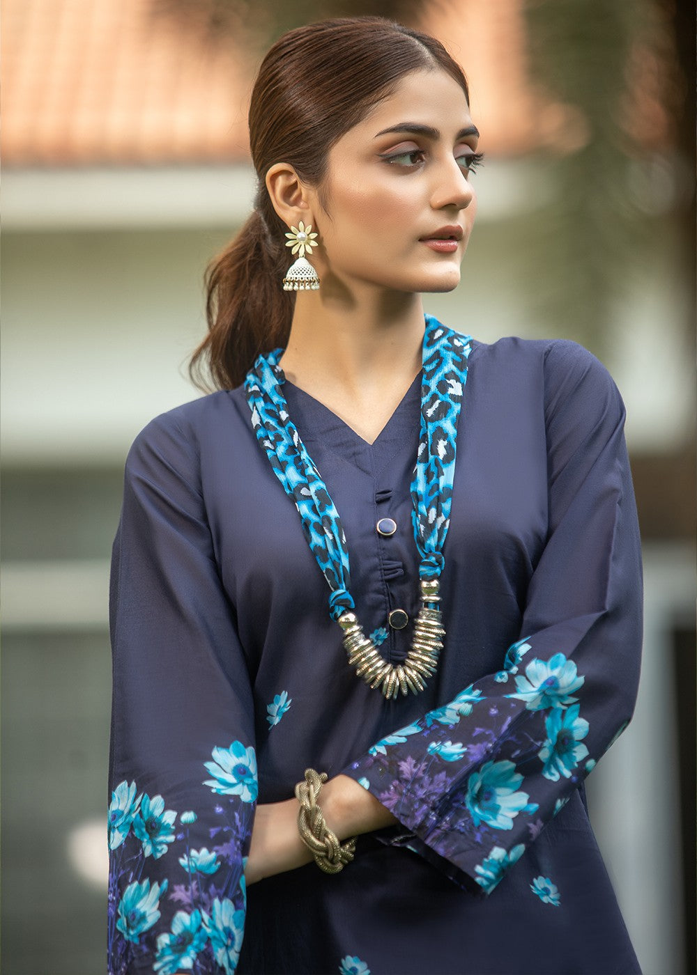 lawn Kurta Set in Dark blue