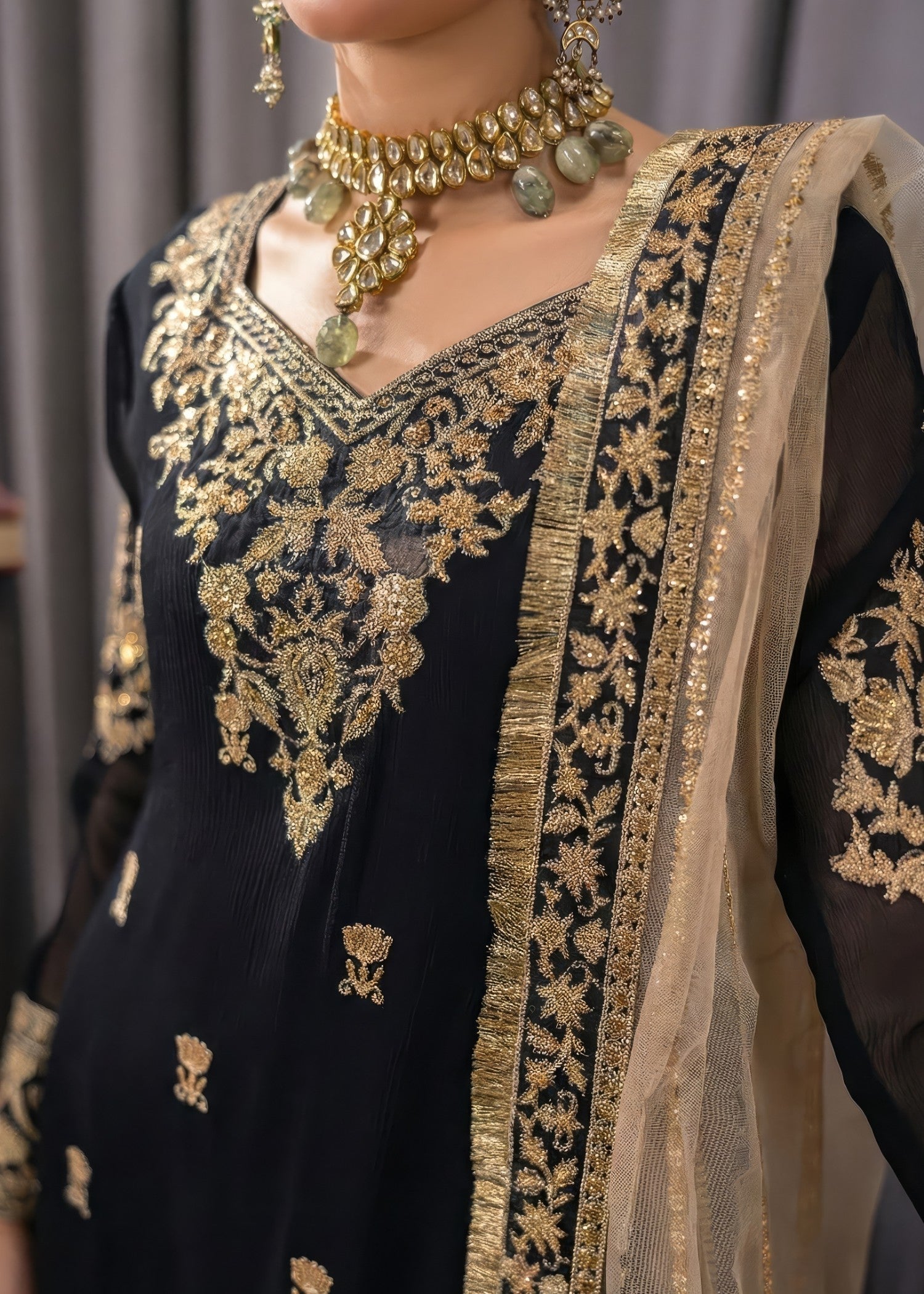 bemberg crinkle chiffon Kurta Set in Beige, black