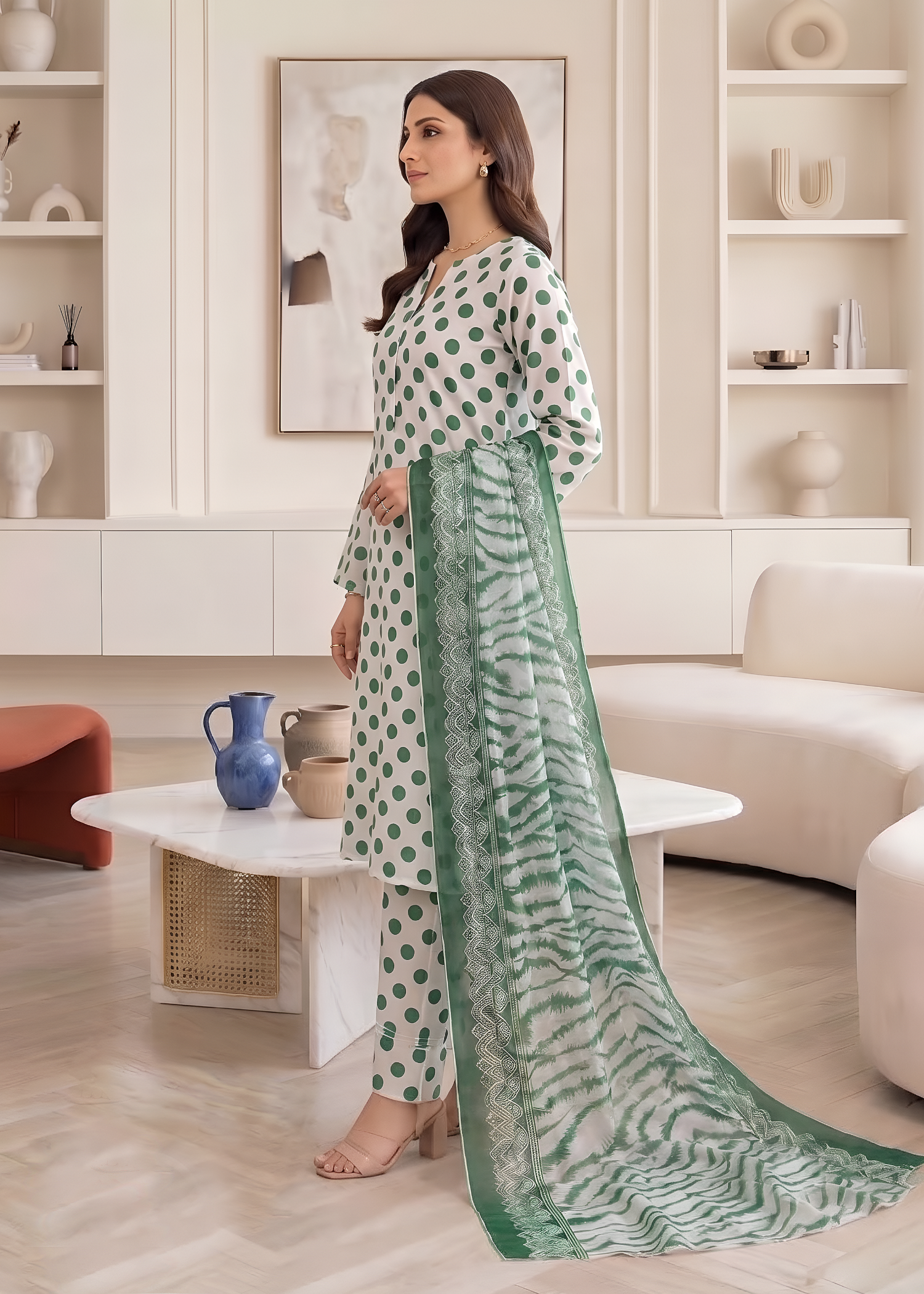 swiss lawn Kurta Set in White, green