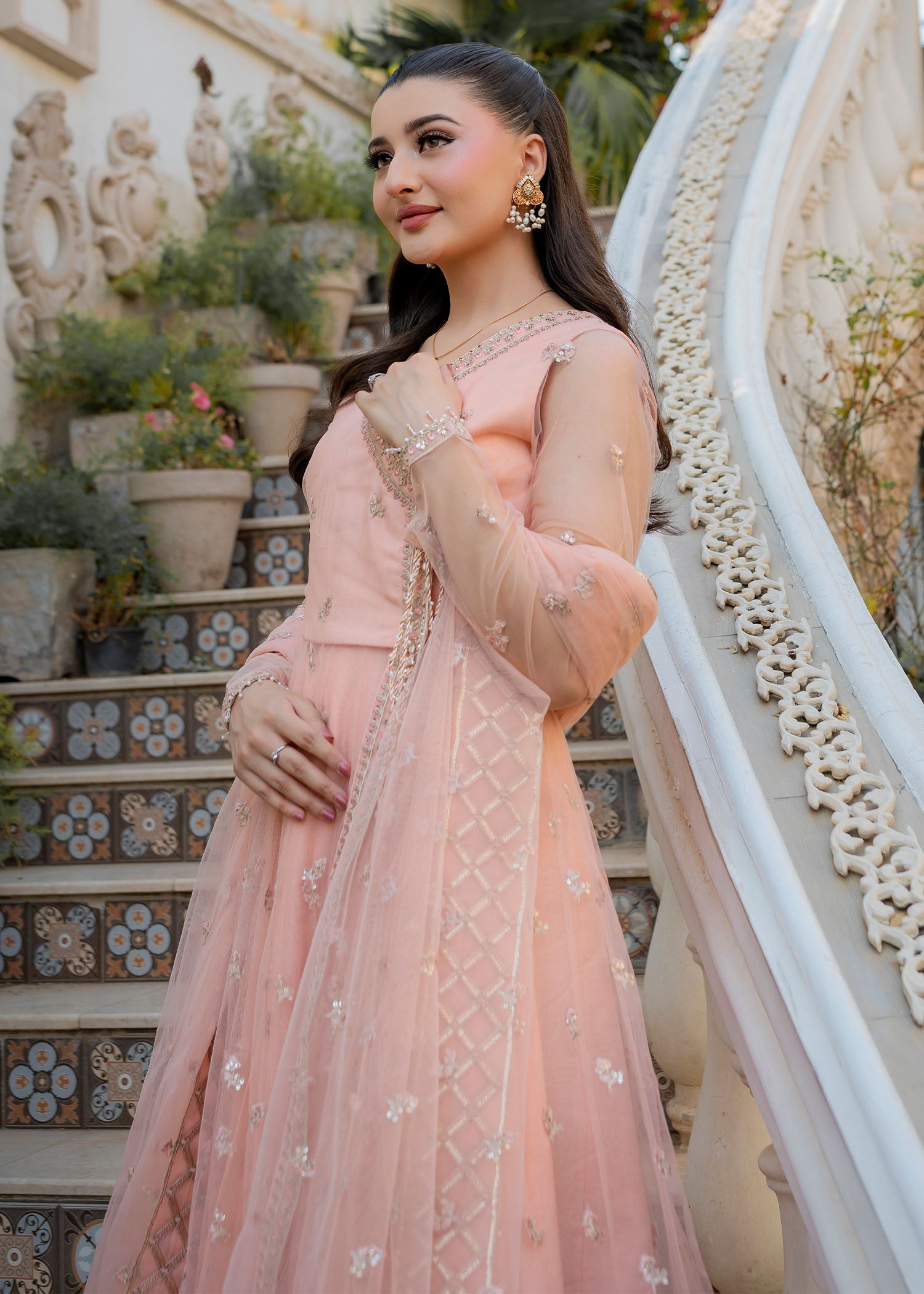net Lehenga in Peach pink