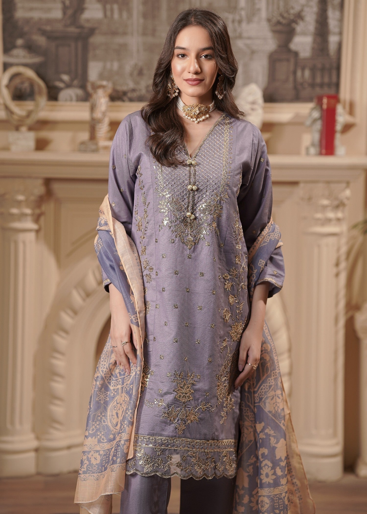 khaddi net Kurta Set in Mauve