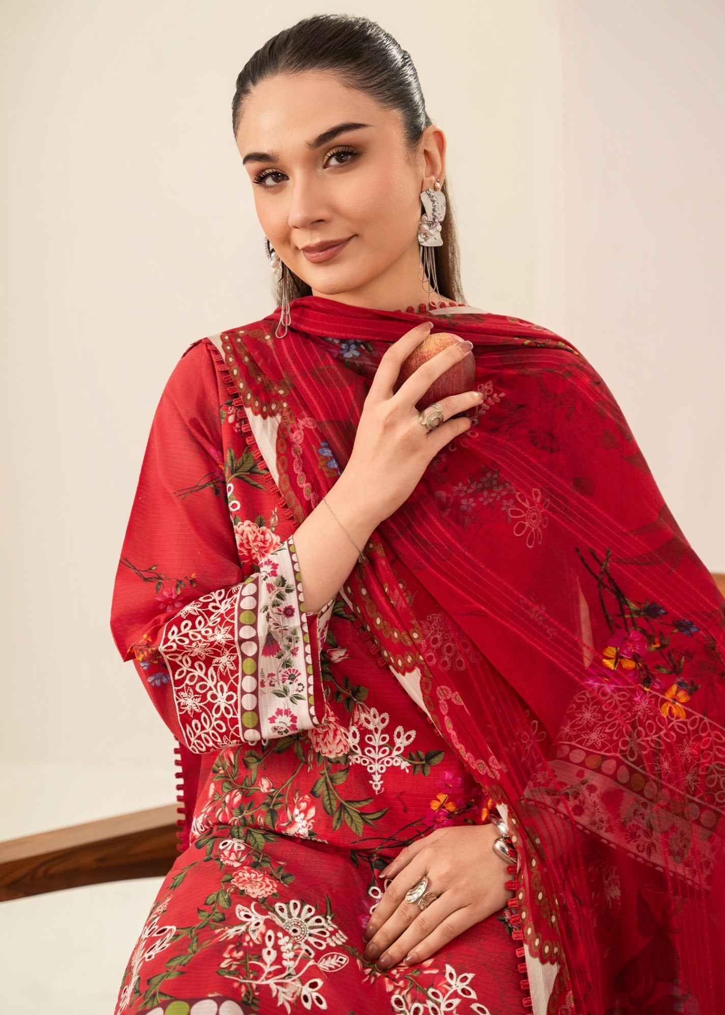 ribbed lawn Kurta Set in Red