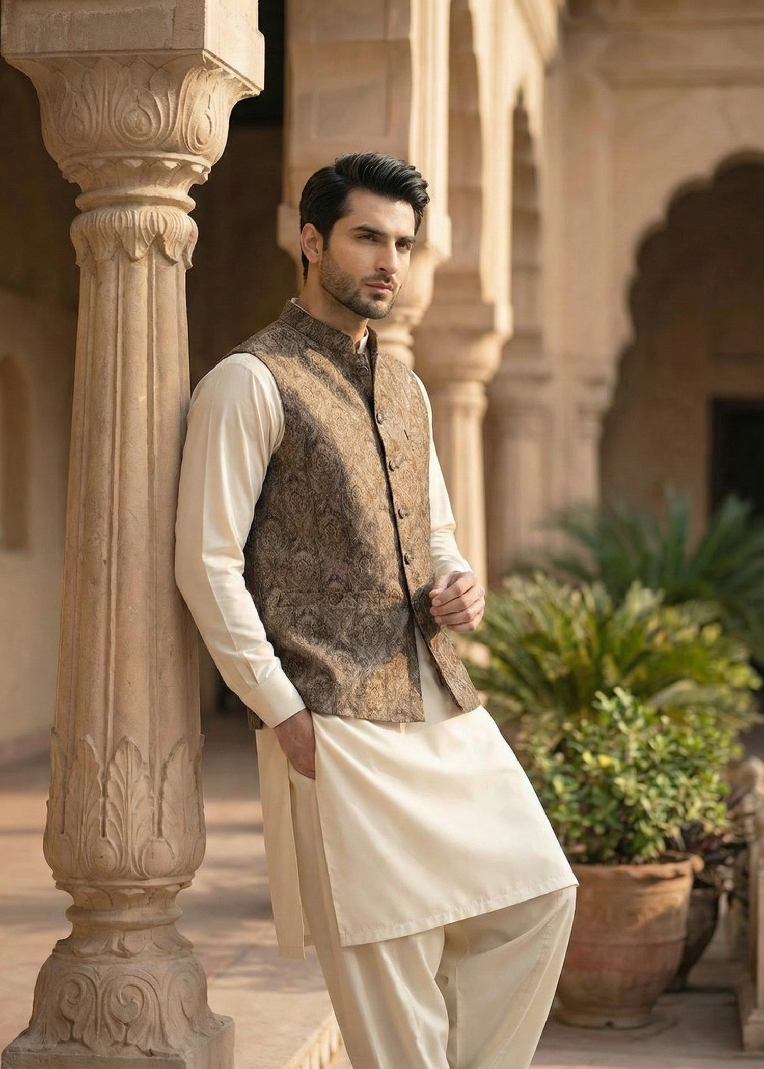 jamawar jacquard Waistcoat in Brown