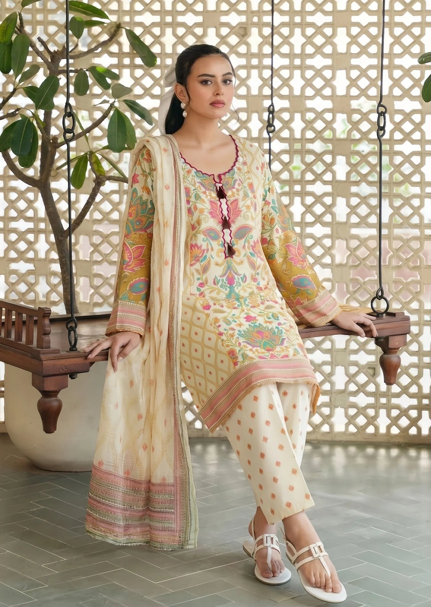 poly lawn Kurta Set in Ivory
