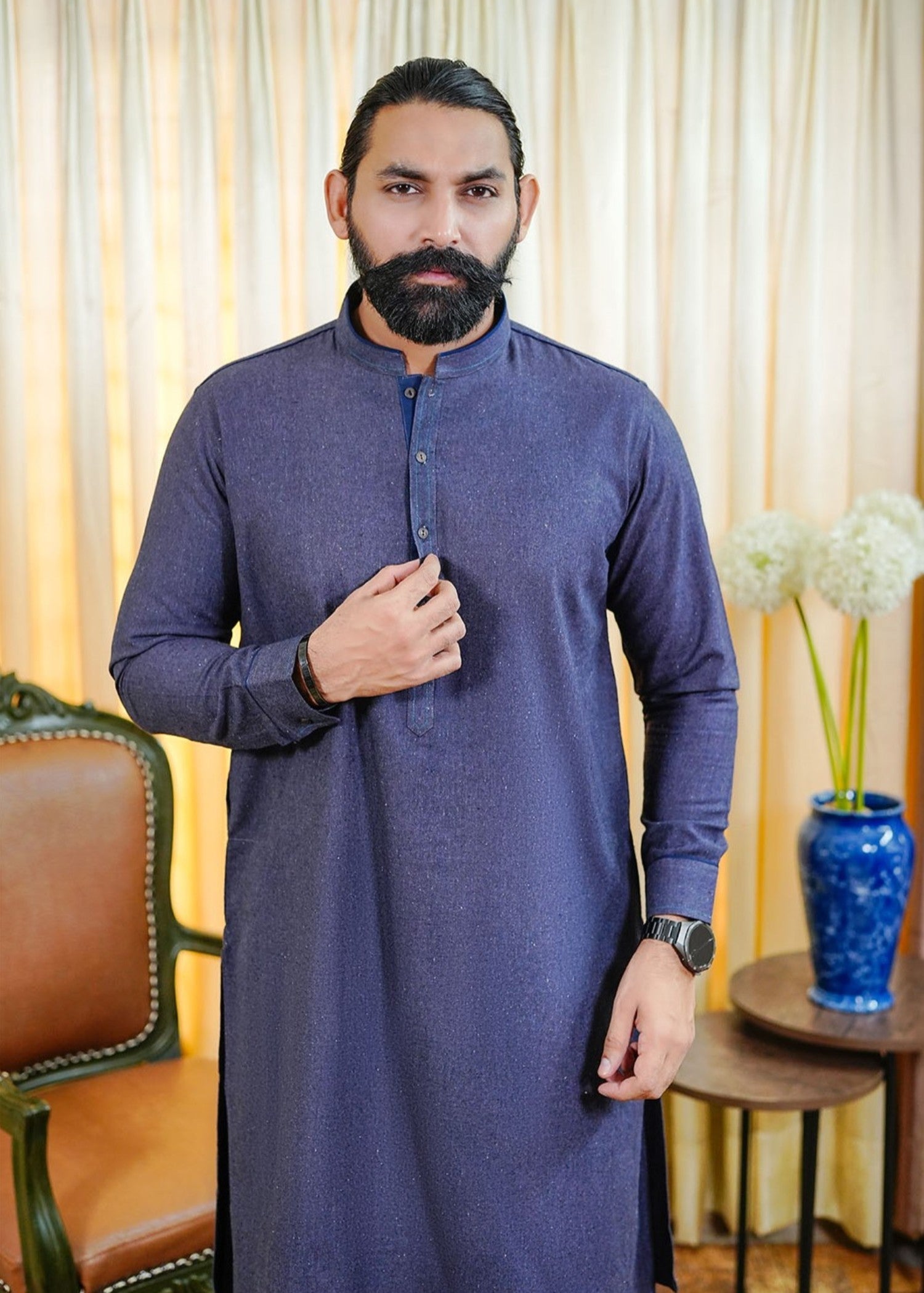 woolen karandi Shalwar Kameez in Navy blue
