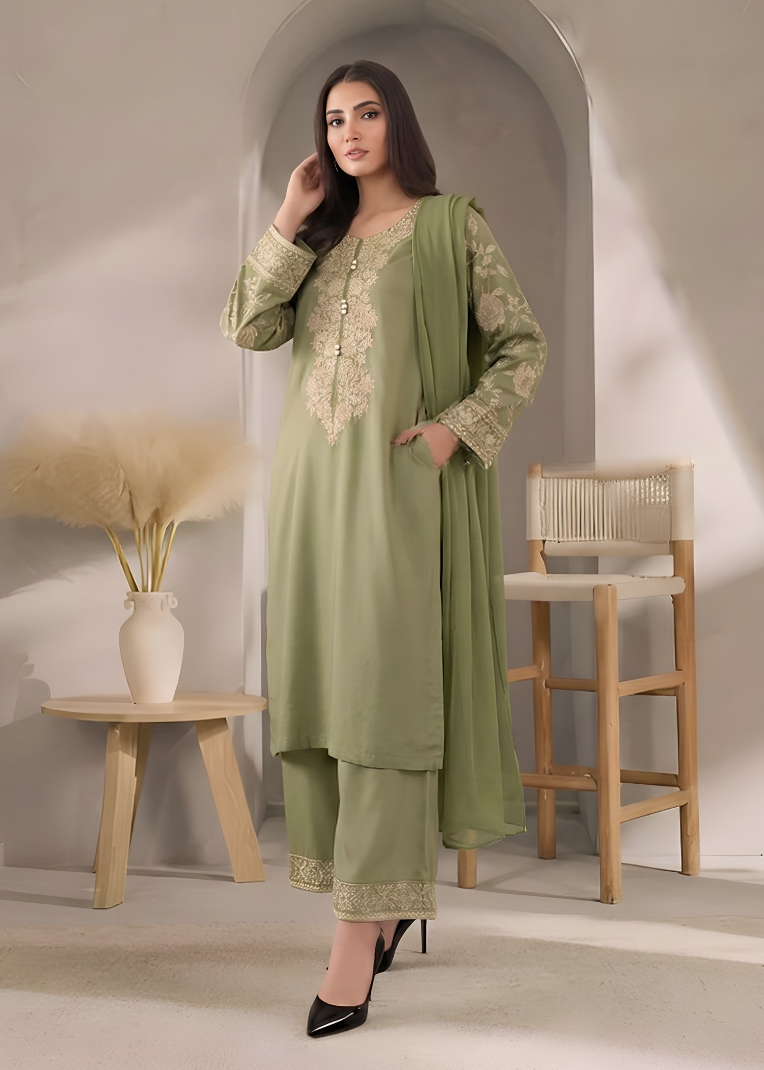 cambric Kurta Set in Sage green