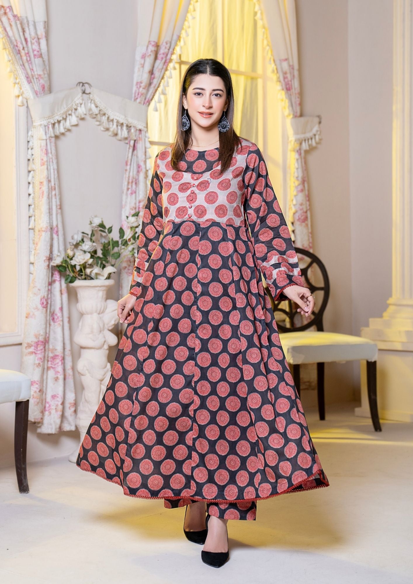 lawn Pishwas in Maroon, black, beige